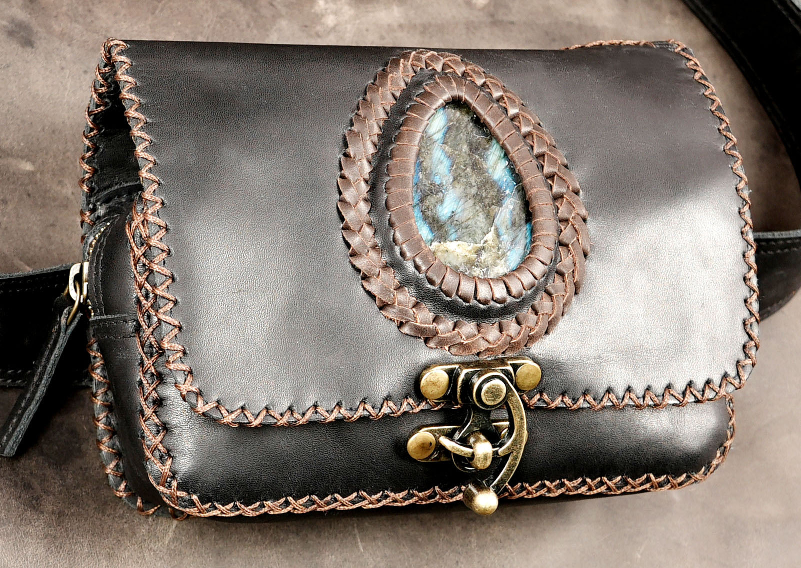 Boho leather belt pouch with natural labradorite stone