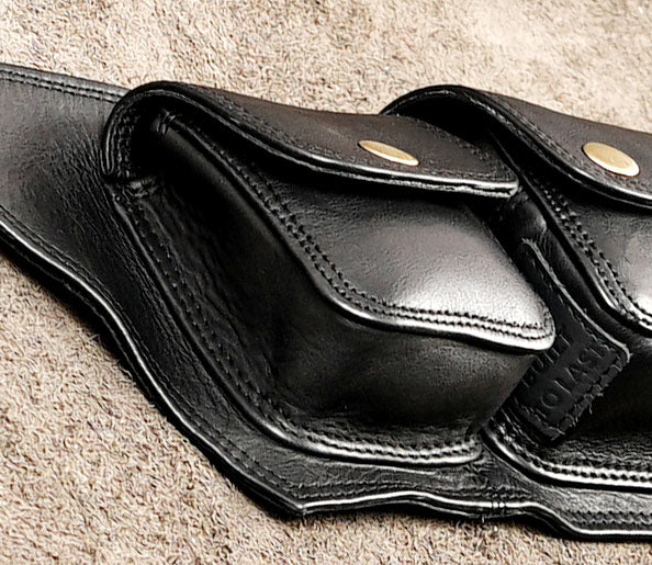 Hands-free black leather festival utility belt with snap pouches