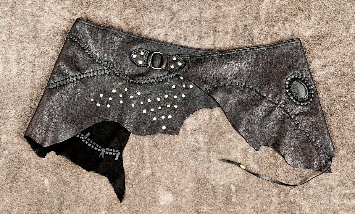 Leather wrap skirt with gold tone studs and adjustable waist belt
