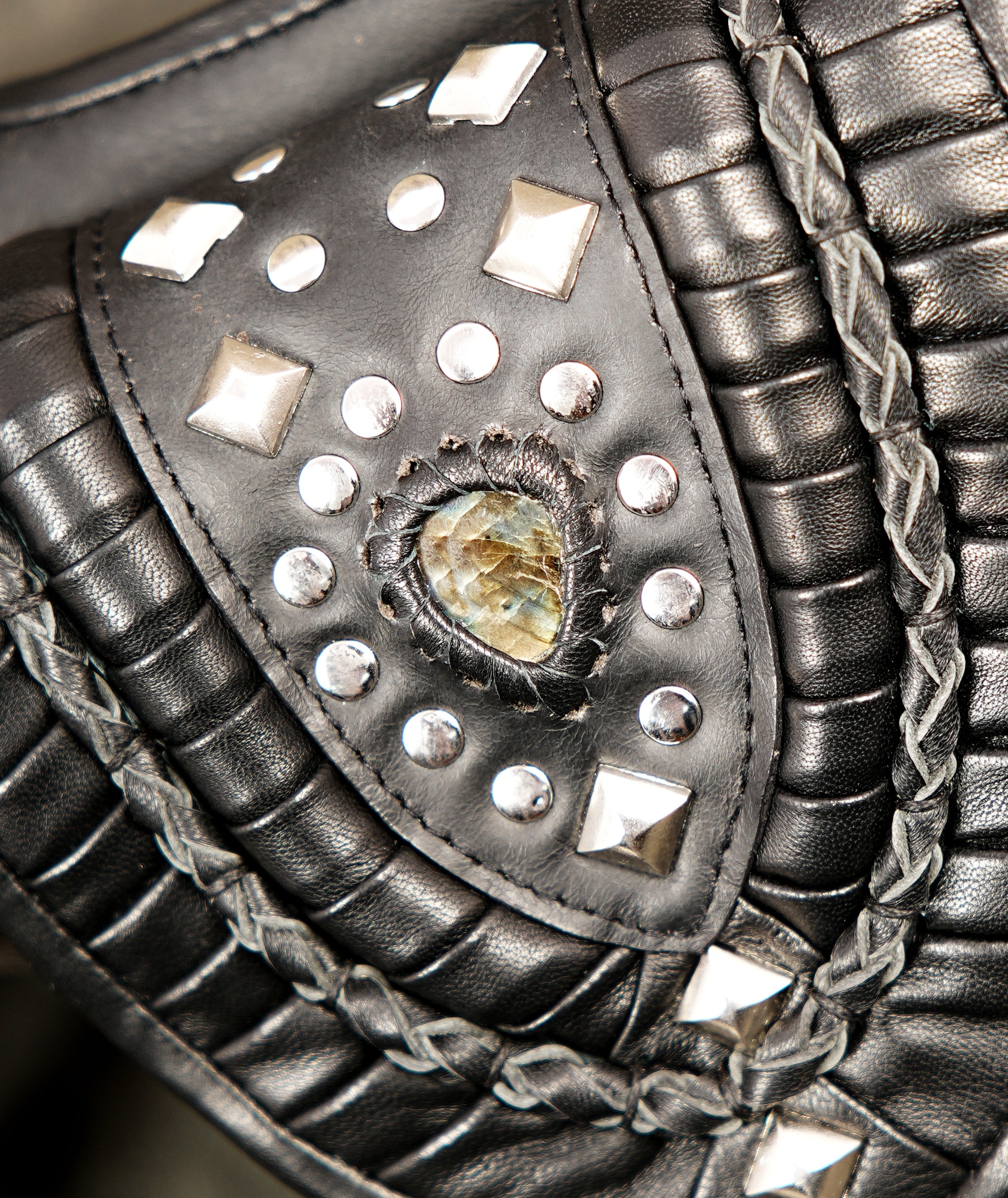 Burning Man festival leather hip bag harness with studded detailing
