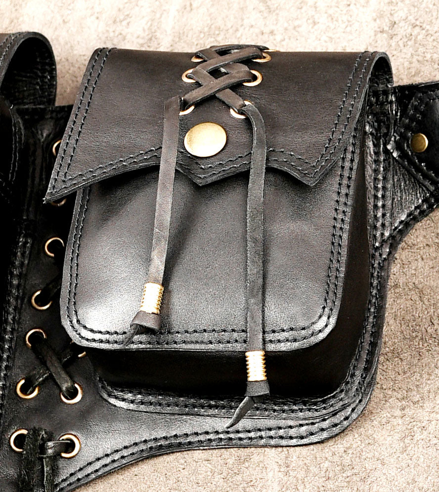 Gothic black leather waist belt with pouches