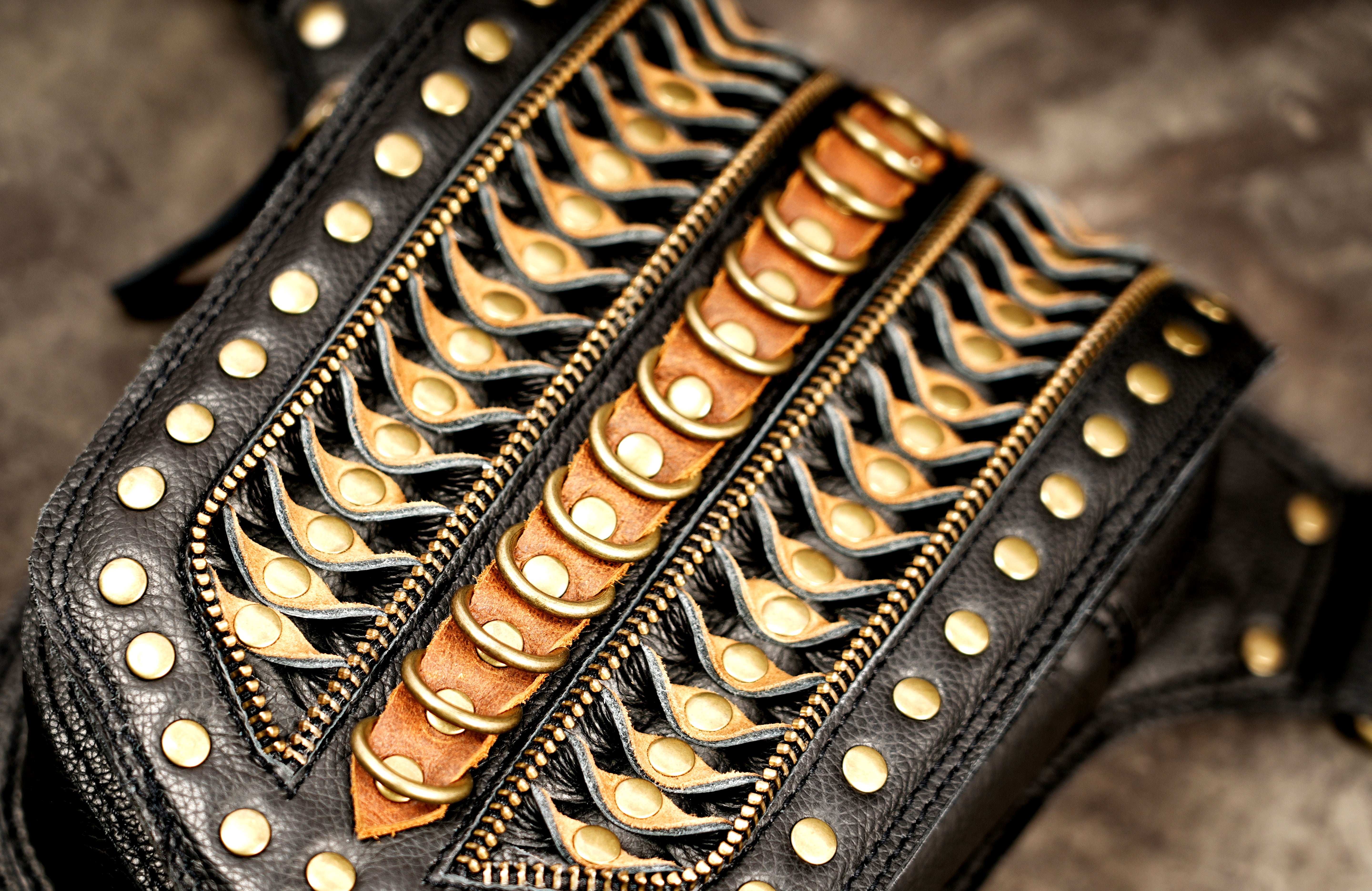 Gothic leather waist belt with antique brass hardware