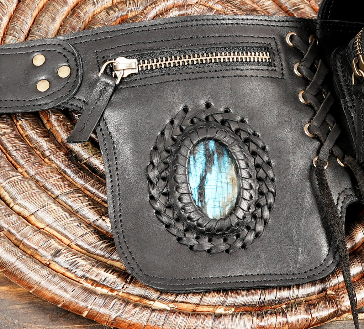 Black Leather Utility Hip Belt with Stone Accents and Brass Hardware