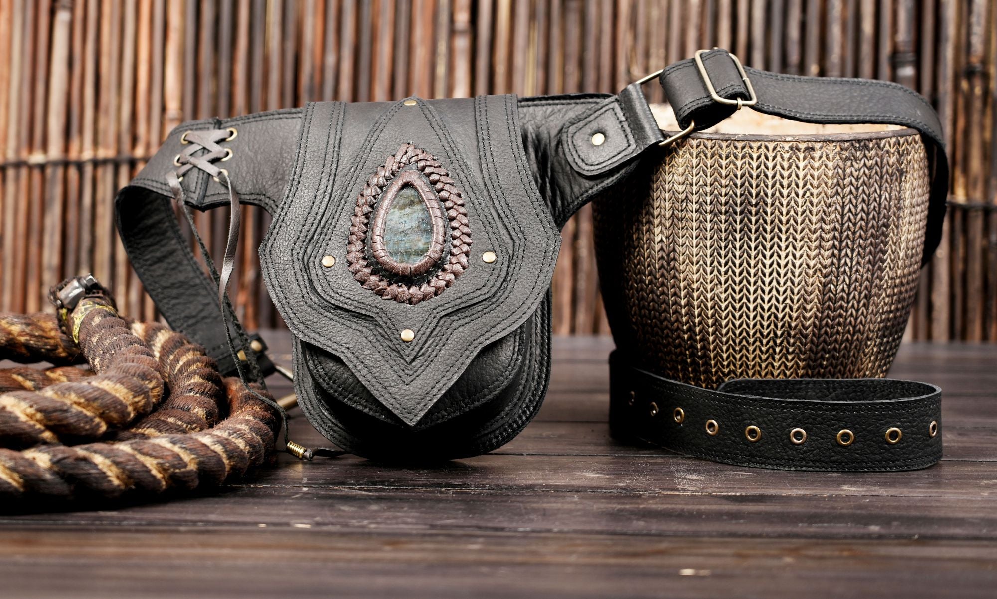 Handmade Black Leather Waist Belt Pouch with Teardrop Stone | Adjustable Boho Hip Bag | Festival Utility Belt (LT/AB/WB/6017)