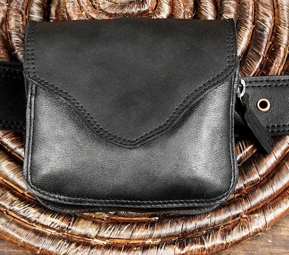 Handmade Leather Utility Belt Bag with Labradorite Stone – Adjustable Pocket Belt with Double Pouches, Festival Hip Bag
