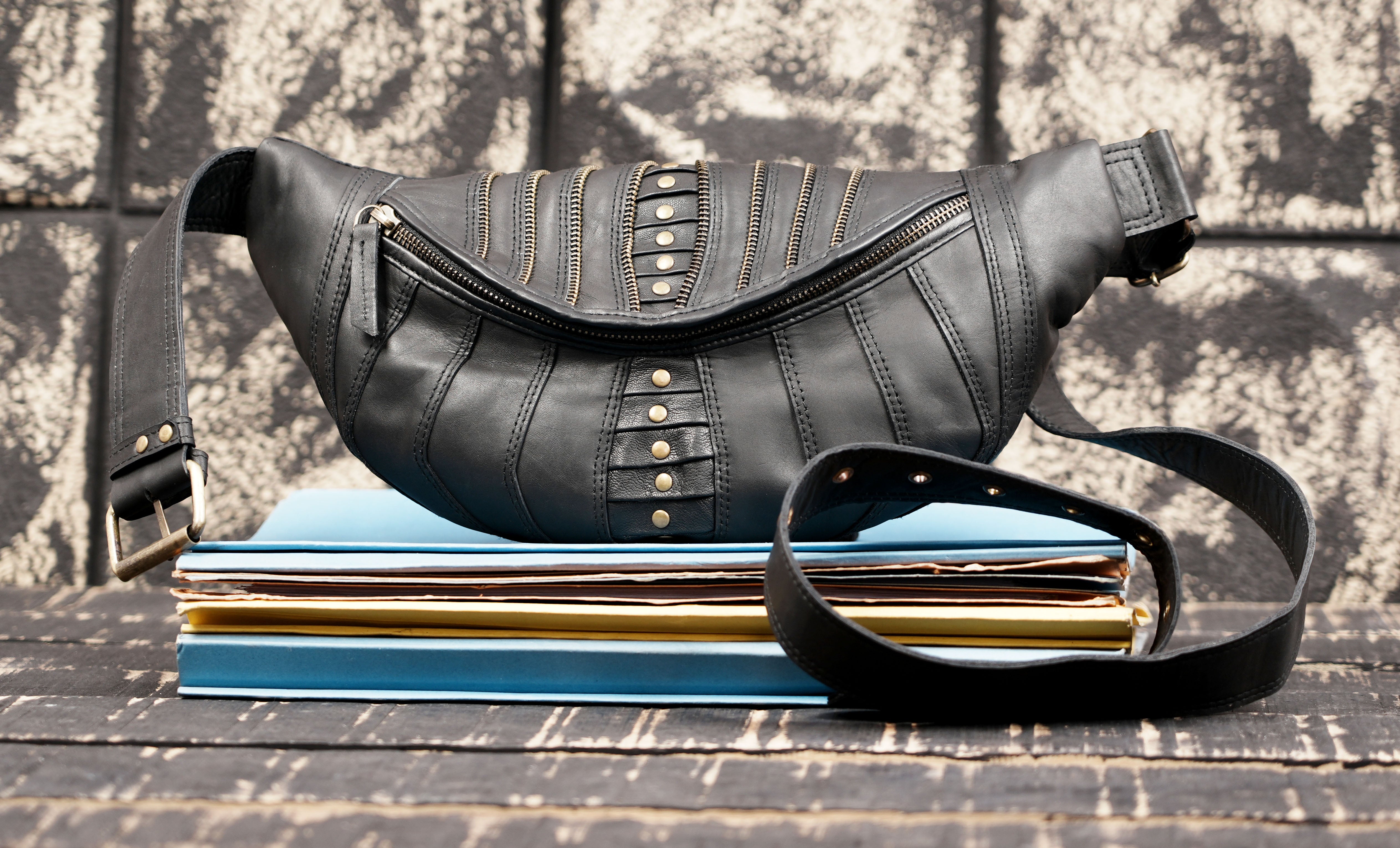 Handmade Black Leather Waist Shoulder Belt with Zipper Pouch || Leather Waist Shoulder Bag with Studded Detailing (LT/AB/SB/6011)