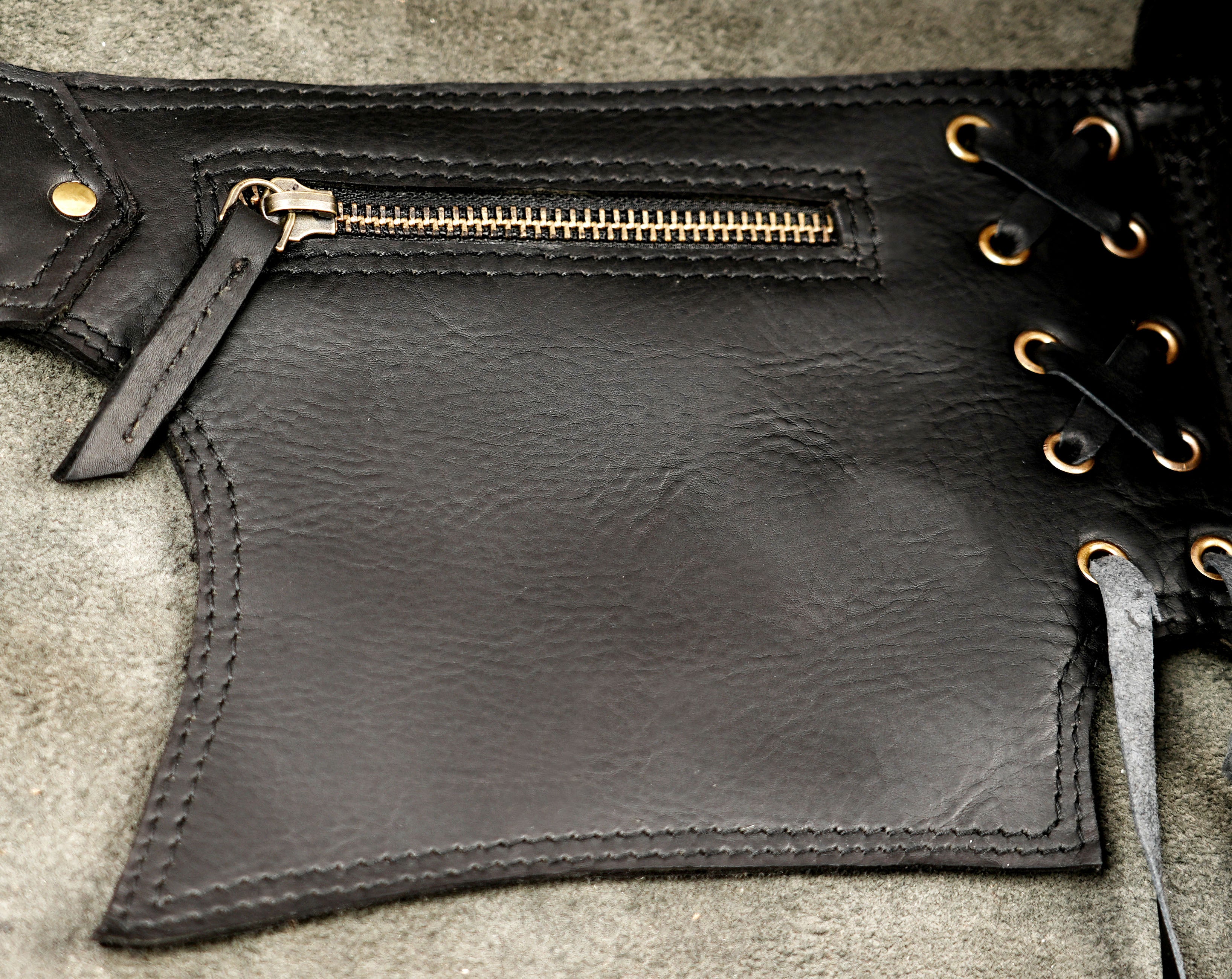 Leather utility belt bag with antique brass hardware and O-ring 