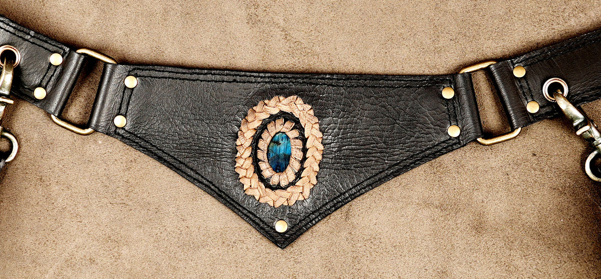 Leather festival belt bag with dual side pouches and Natural Labradorite stones
