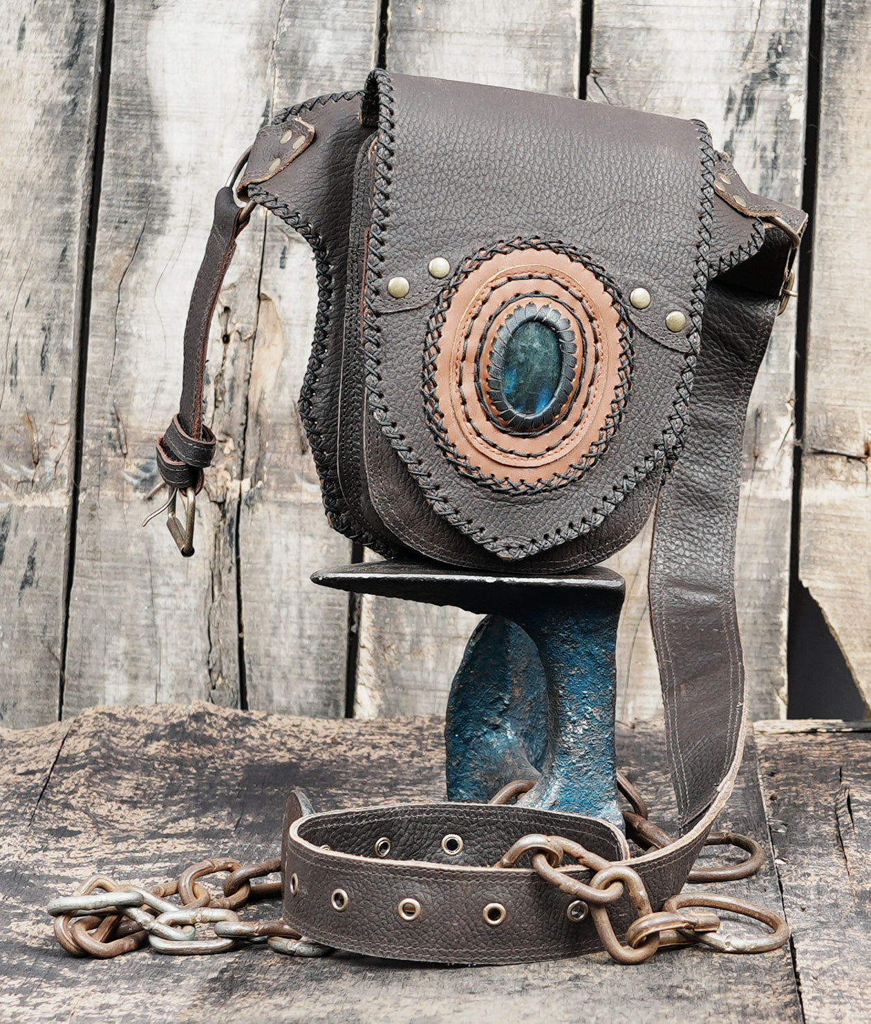 Handmade Leather Waist Belt with Front Pouch and Stone Detail || Leather Waist Belt Bag with Metal Hardware || Handmade Leather Waist Belt for Travel and Festivals (LT/AB/WB/6191)