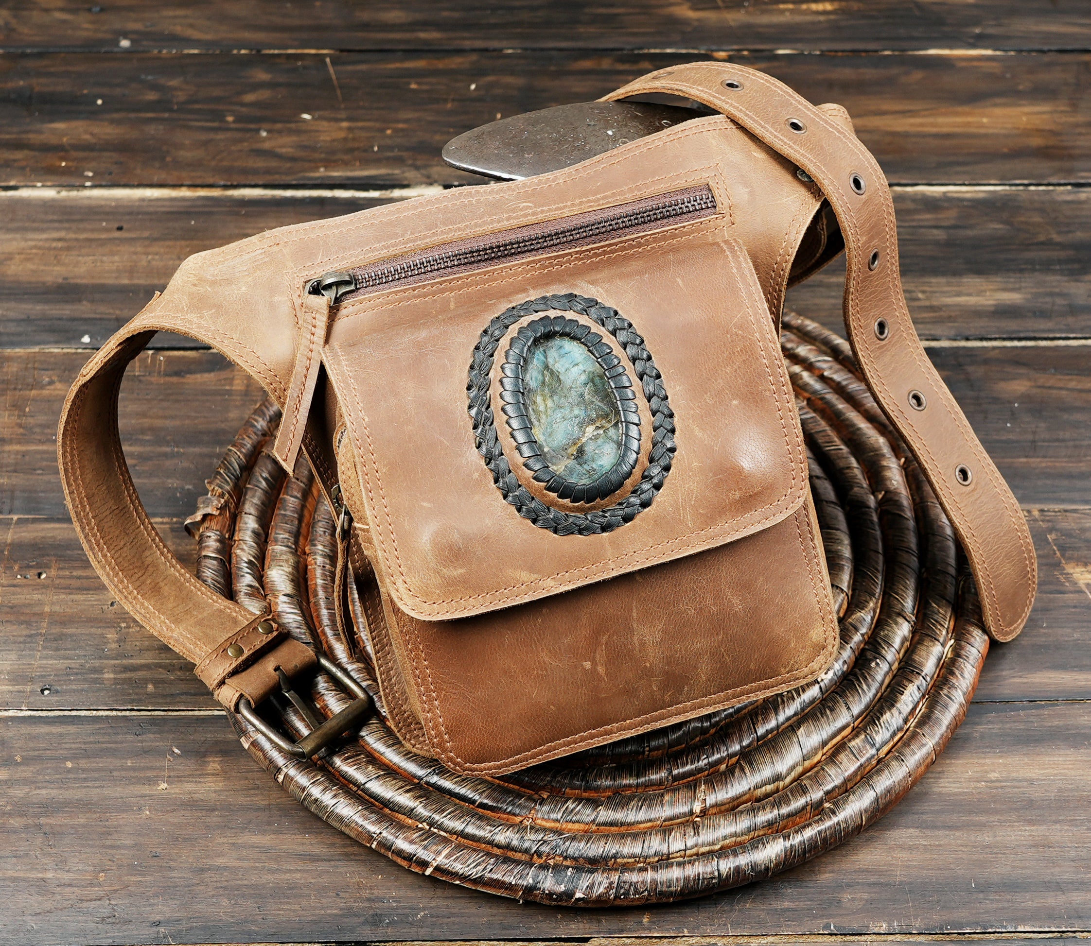 Handmade brown leather waist belt with gemstone