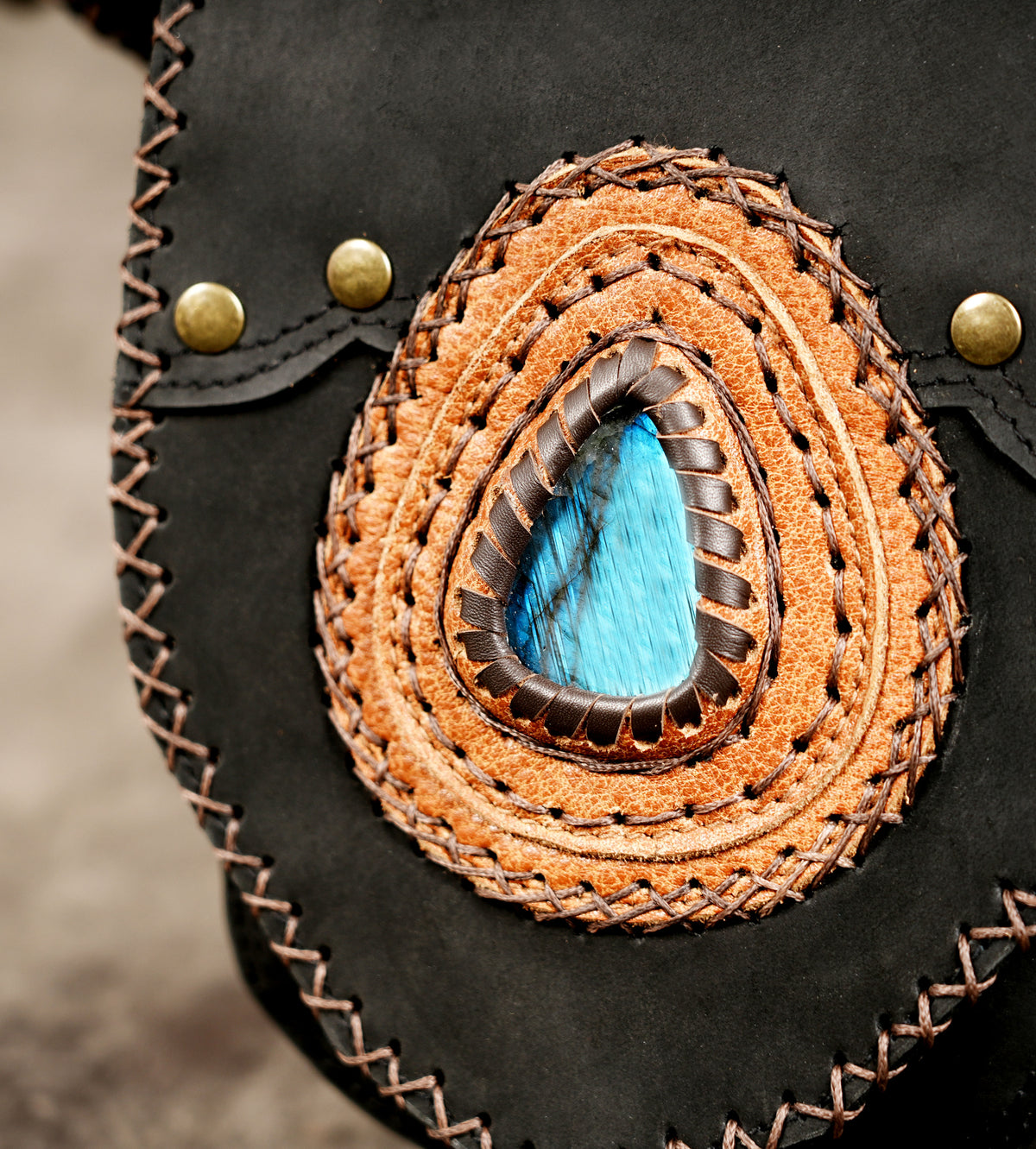 Handmade leather festival belt with natural stone