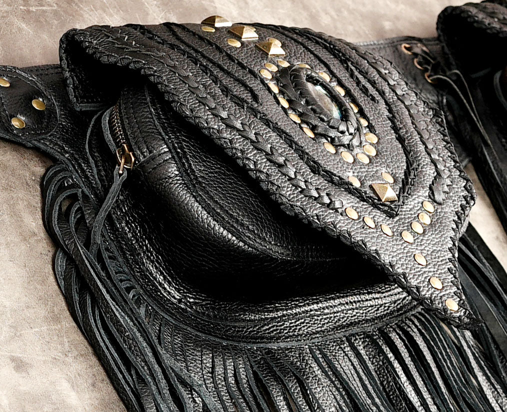 Handmade tribal leather hip belt with stone cabochons
