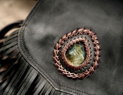 Edgy black leather holster bag with fringe and crystal accent