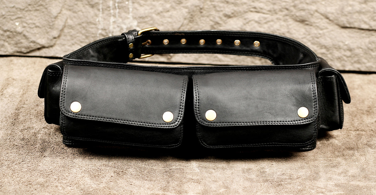 Multi-pocket black leather festival belt and utility pouch
