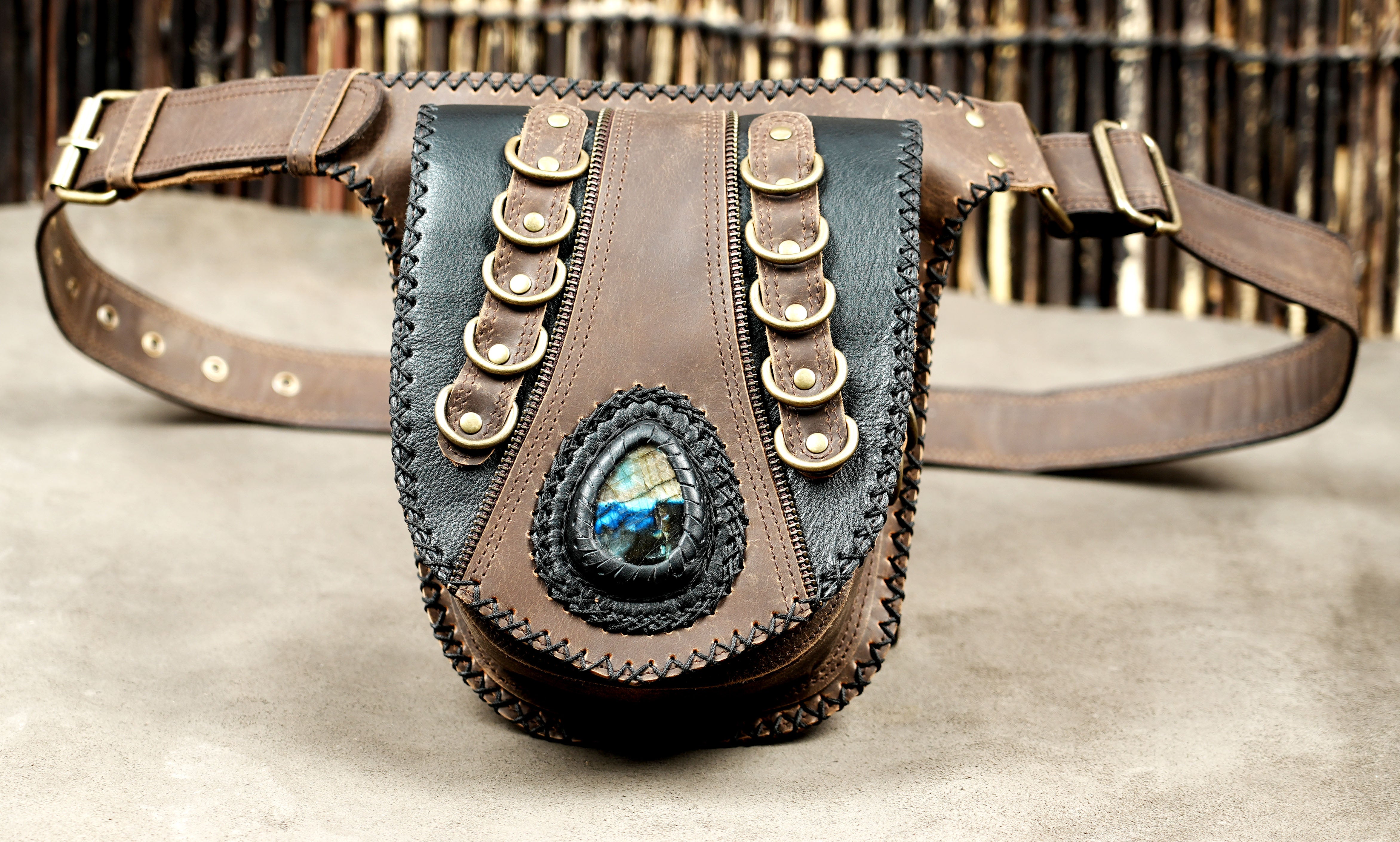 Handmade gemstone leather belt bag for festivals and travel.