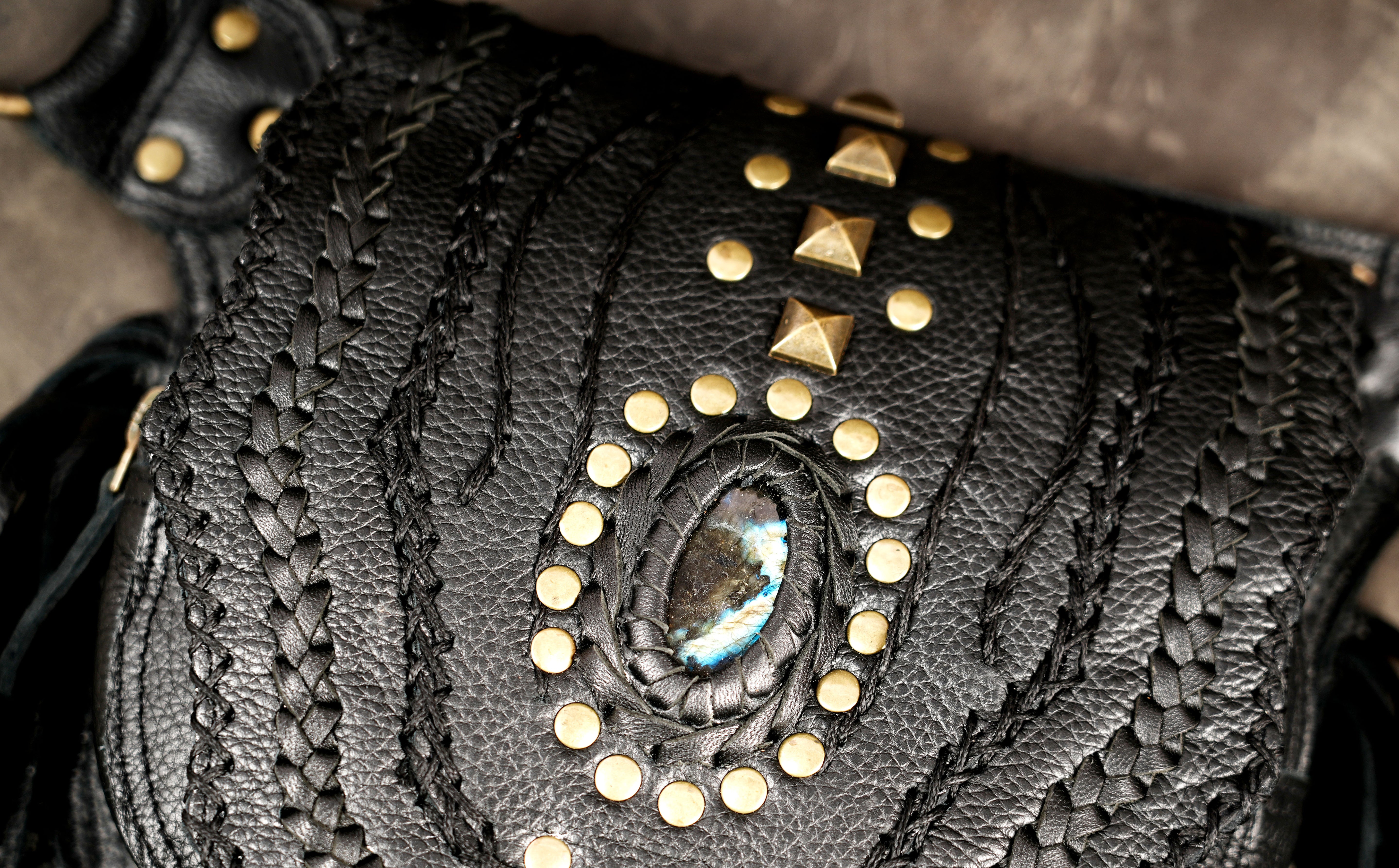 Black leather festival belt with decorative stone accents