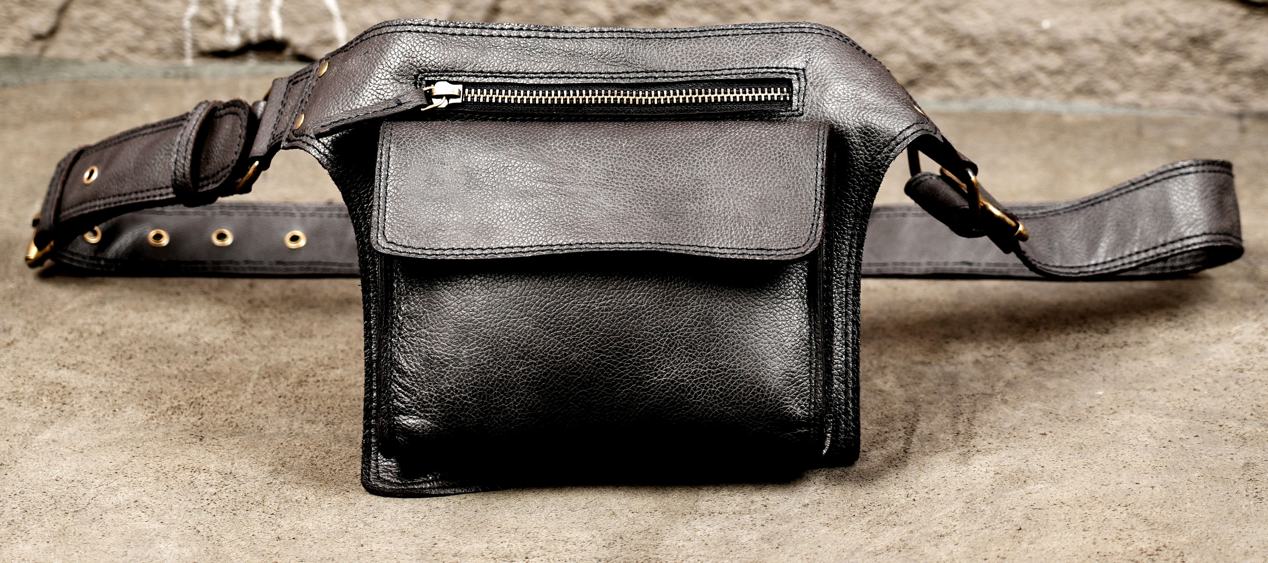 Black Leather Hip Pouch with Zipper and Buckle Closure