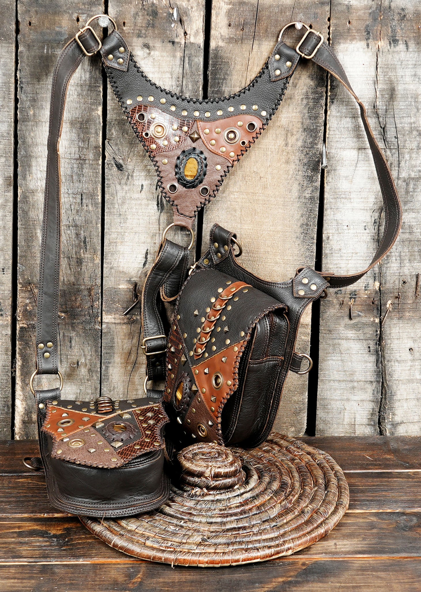 Dual pocket leather holster harness with  boho style finish