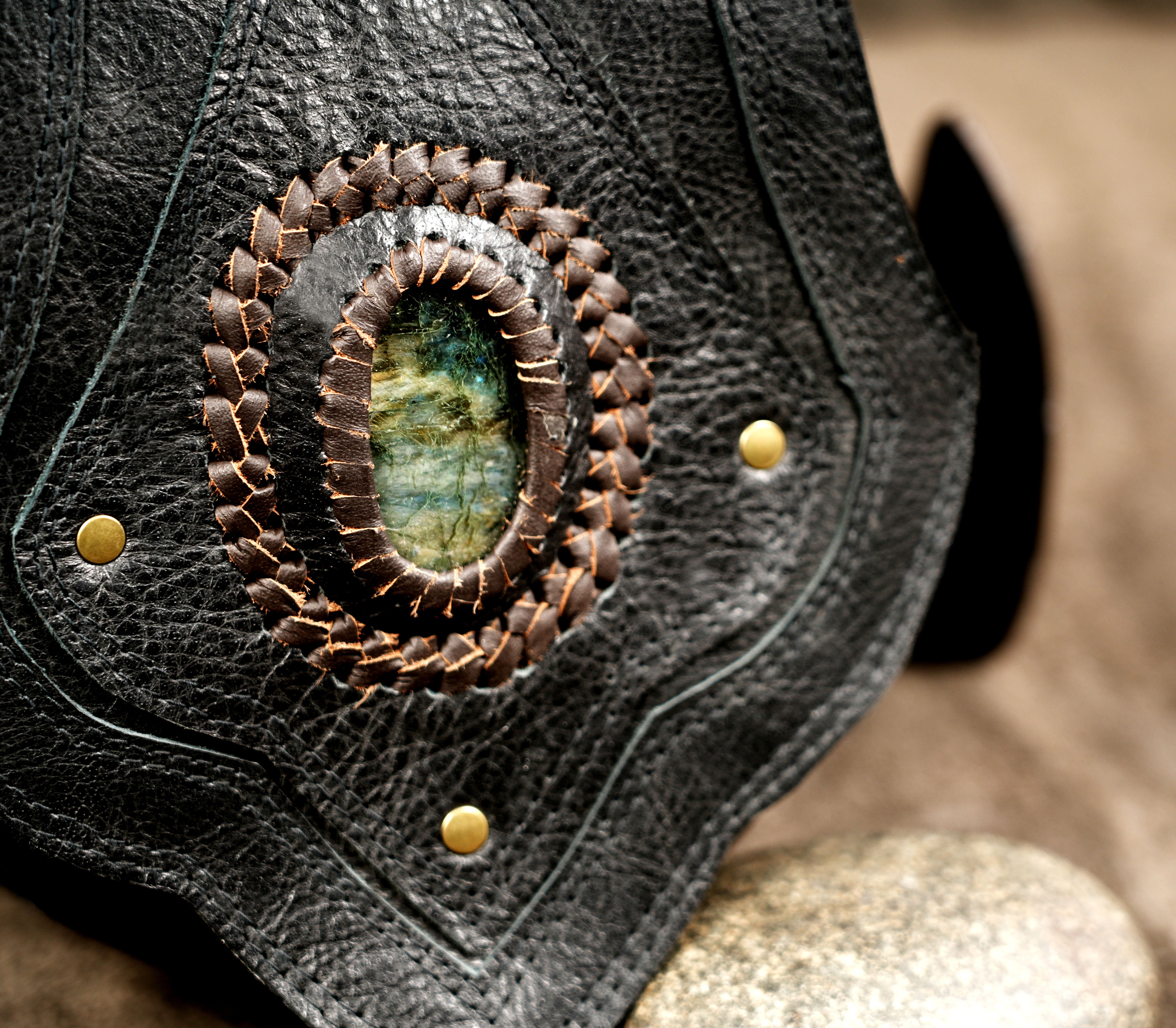 Steampunk leather pocket belt with angular pouch design