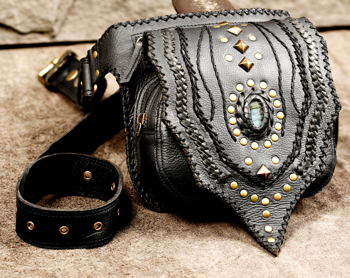 Handcrafted leather hip pouch with antique brass