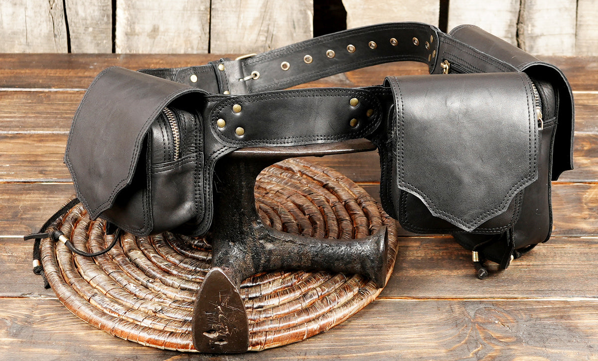 Black Leather Utility Hip Belt with Stone Accents and Brass Hardware