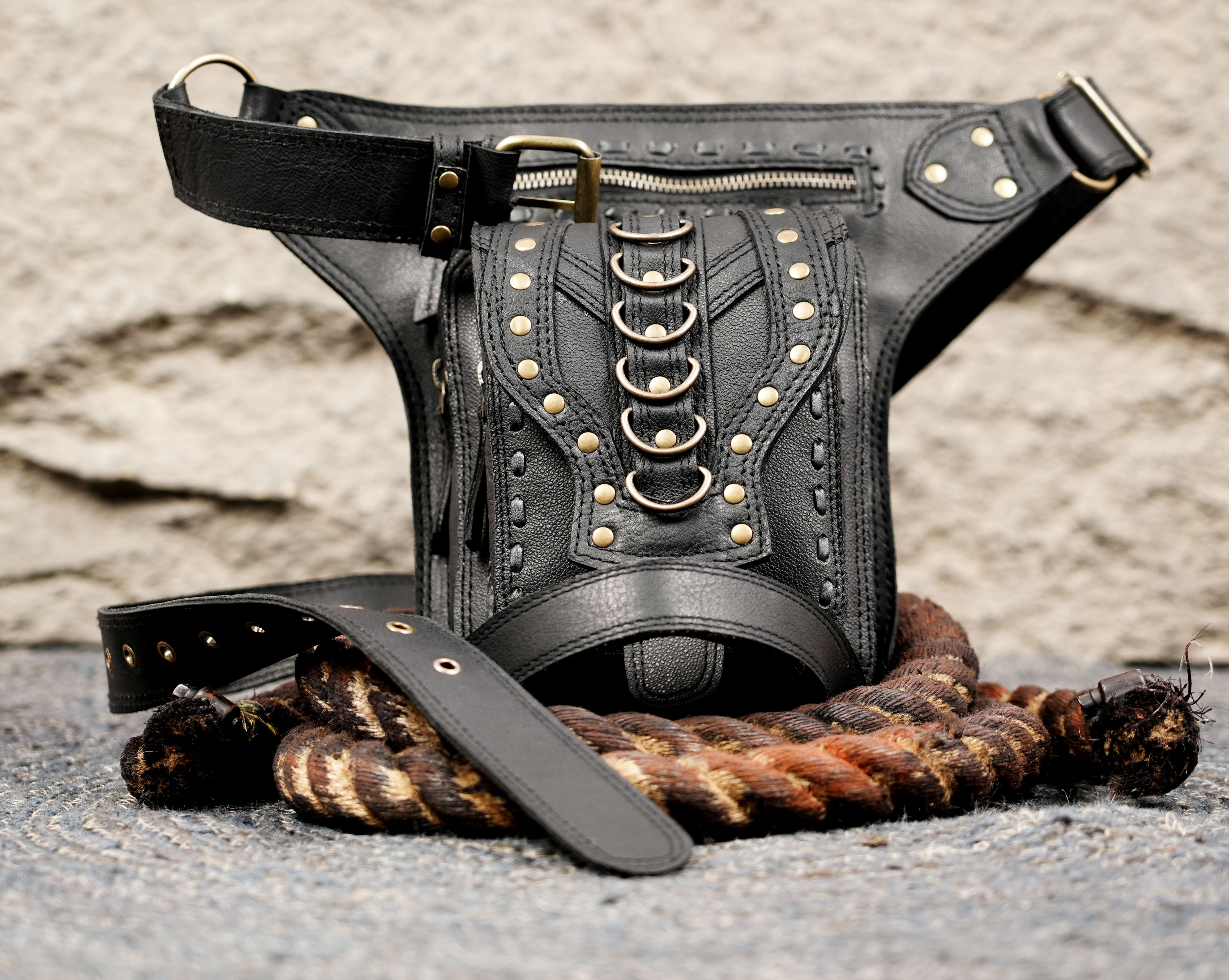 Handmade gothic leather leg belt with zipper closure