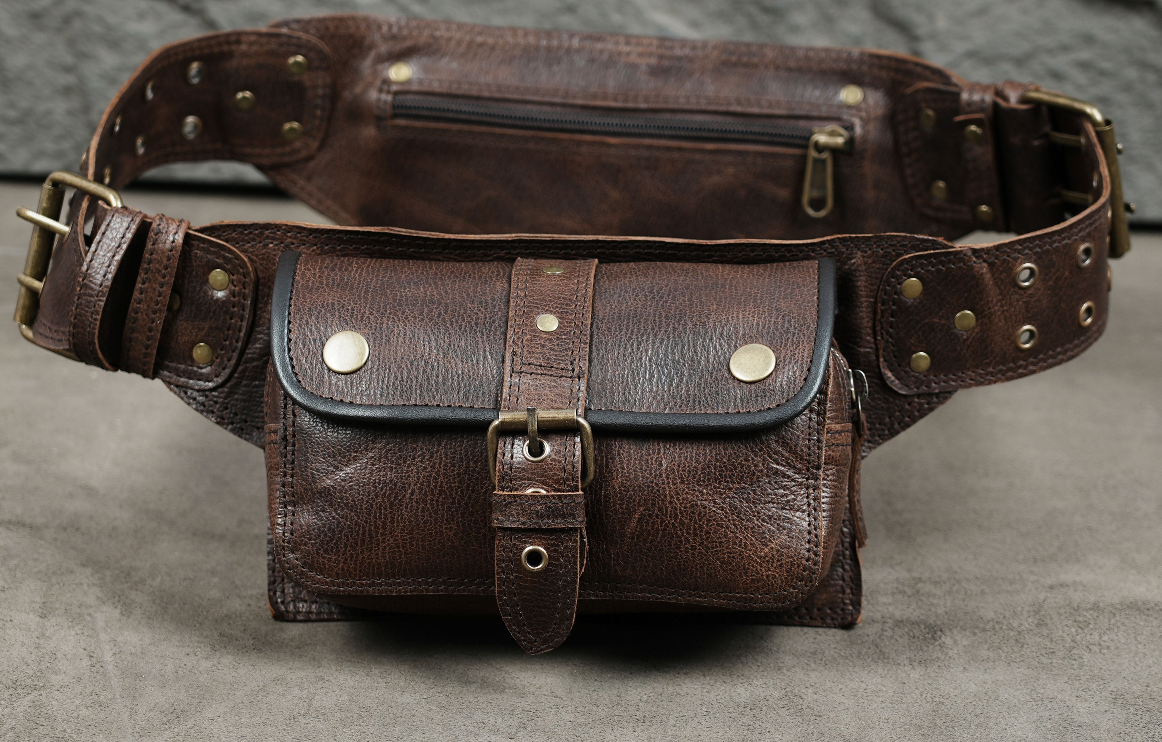 Double-pouch leather utility belt with adjustable waist strap