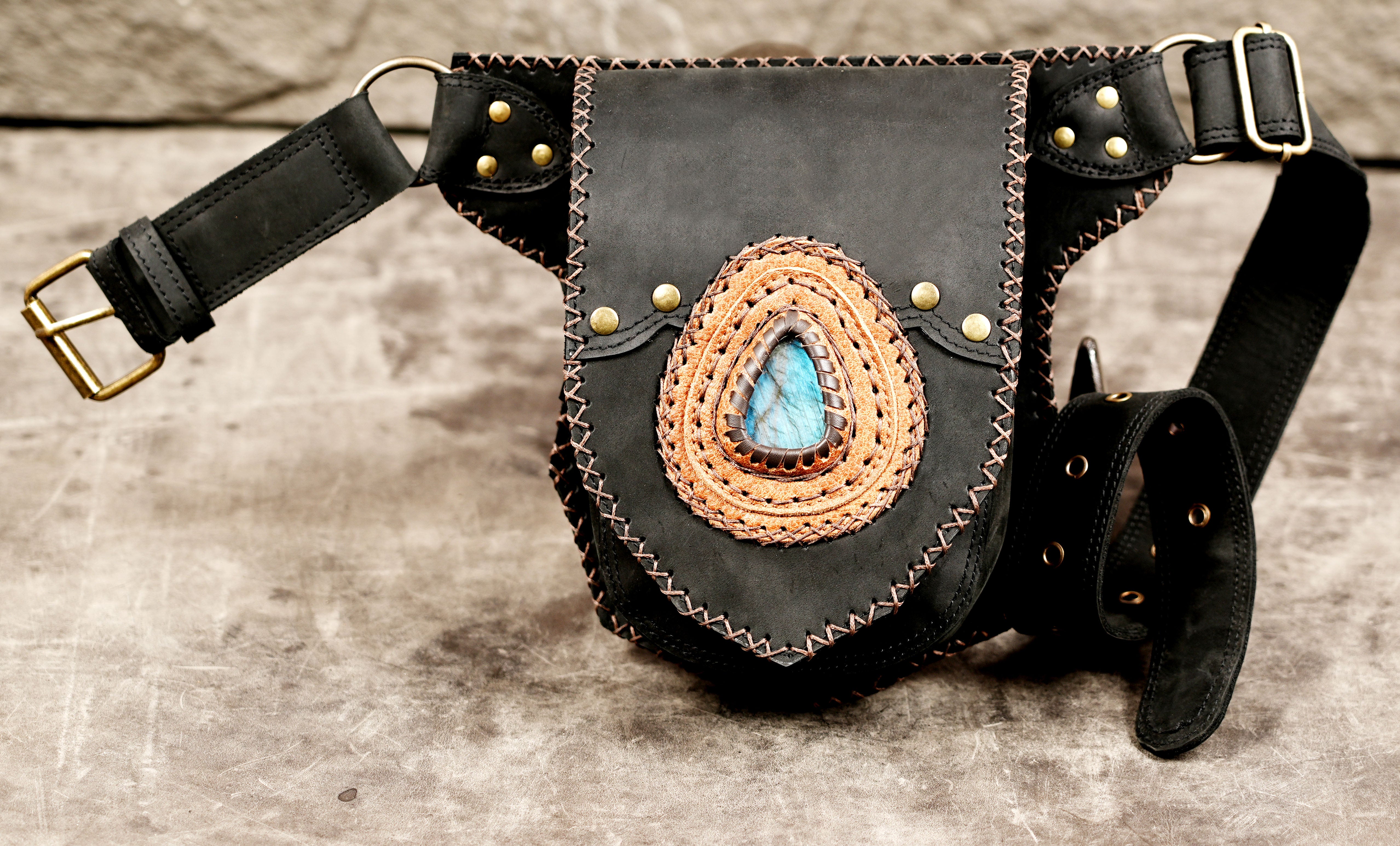 Boho leather waist pouch with decorative stitching