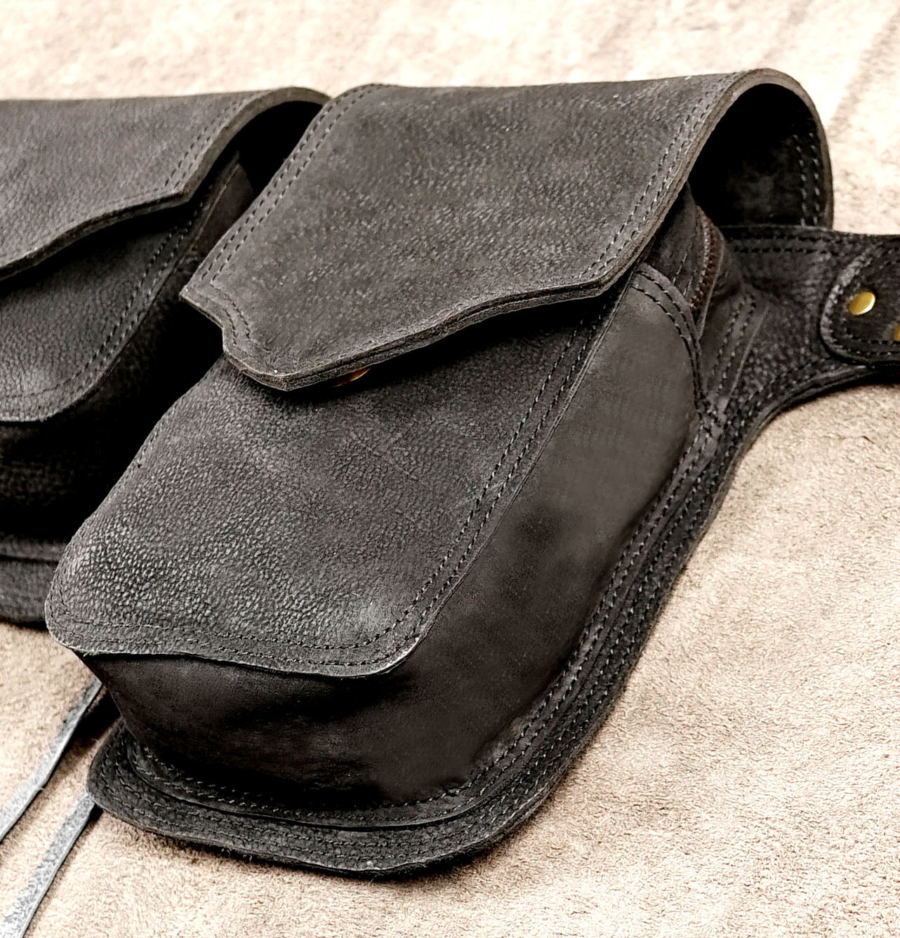 Handmade black leather fanny pack belt with utility pouches