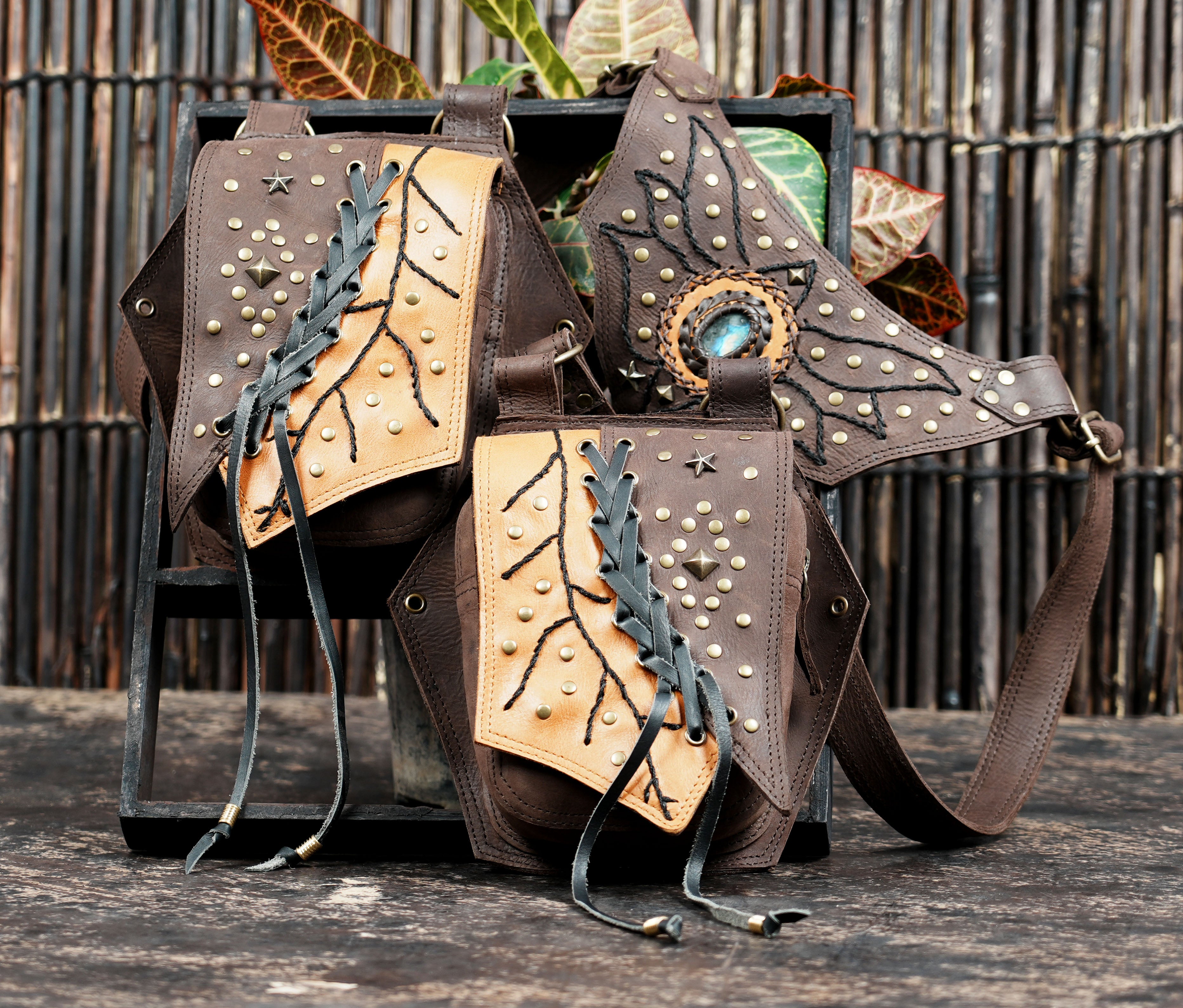 Handmade leather shoulder holster with dual pouches || Tribal leather chest rig with stud work || Travel leather utility shoulder rig (LT/AB/HLS/6060)