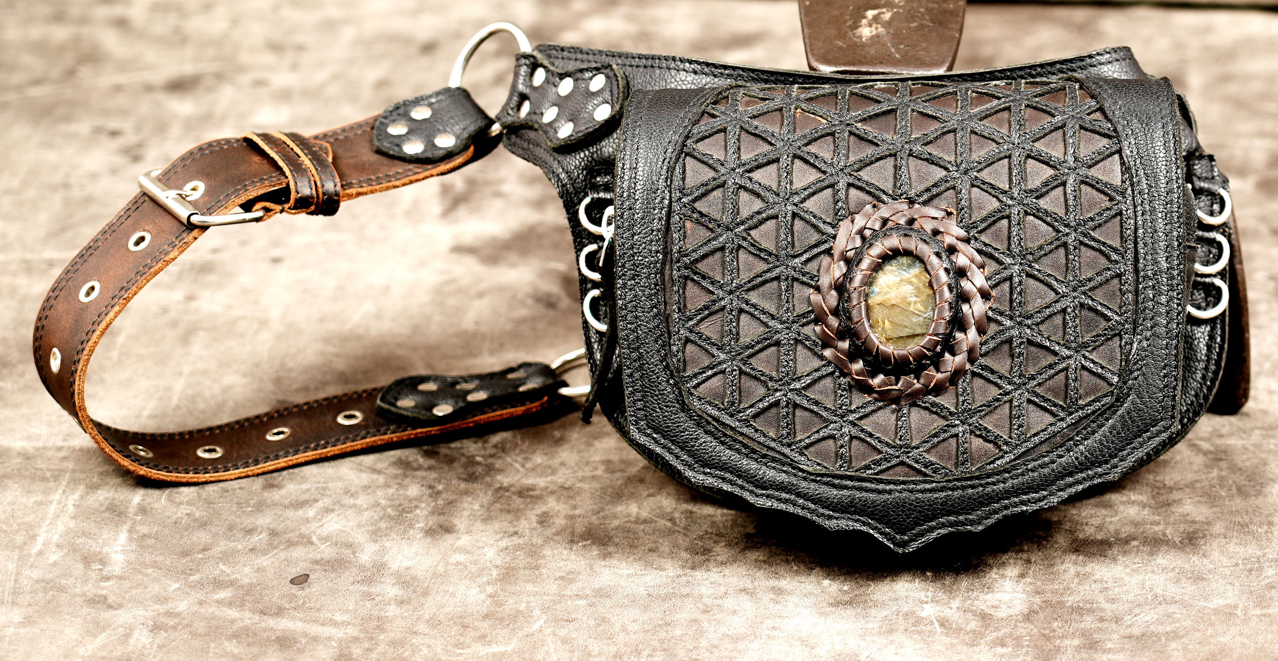 Handmade leather belt pouch with sacred geometric design and labradorite cabochon