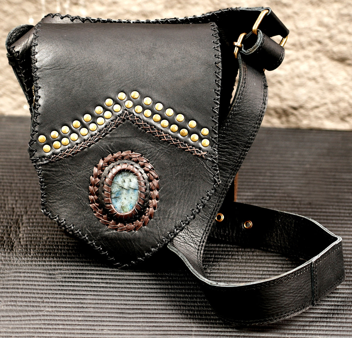 Boho festival leather belt with Natural Labradorite
