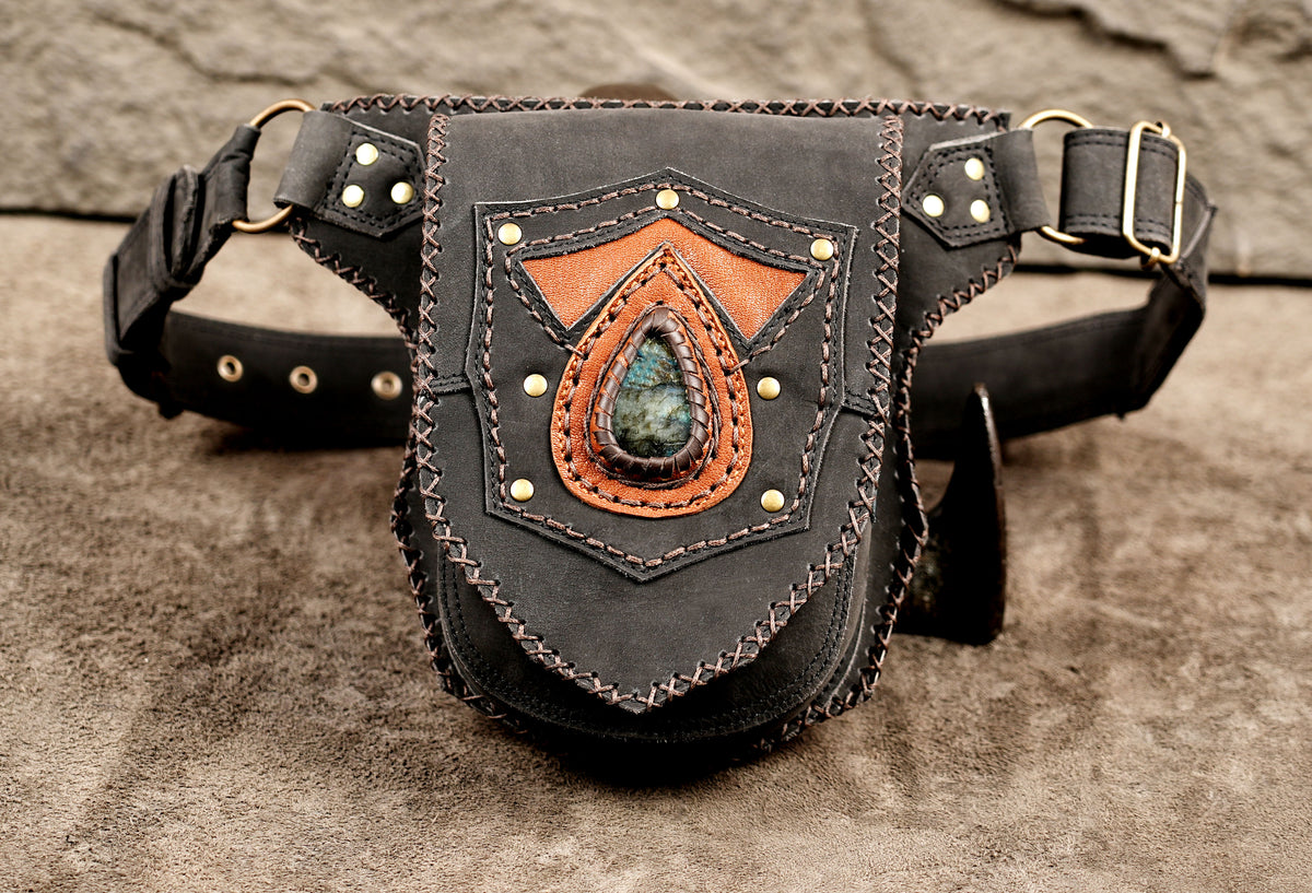 Gothic tribal leather hip bag with metal hardware and buckles   