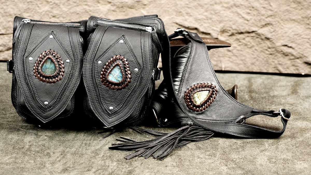 Labradorite stone set in braided brown leather on black leather pouch flap