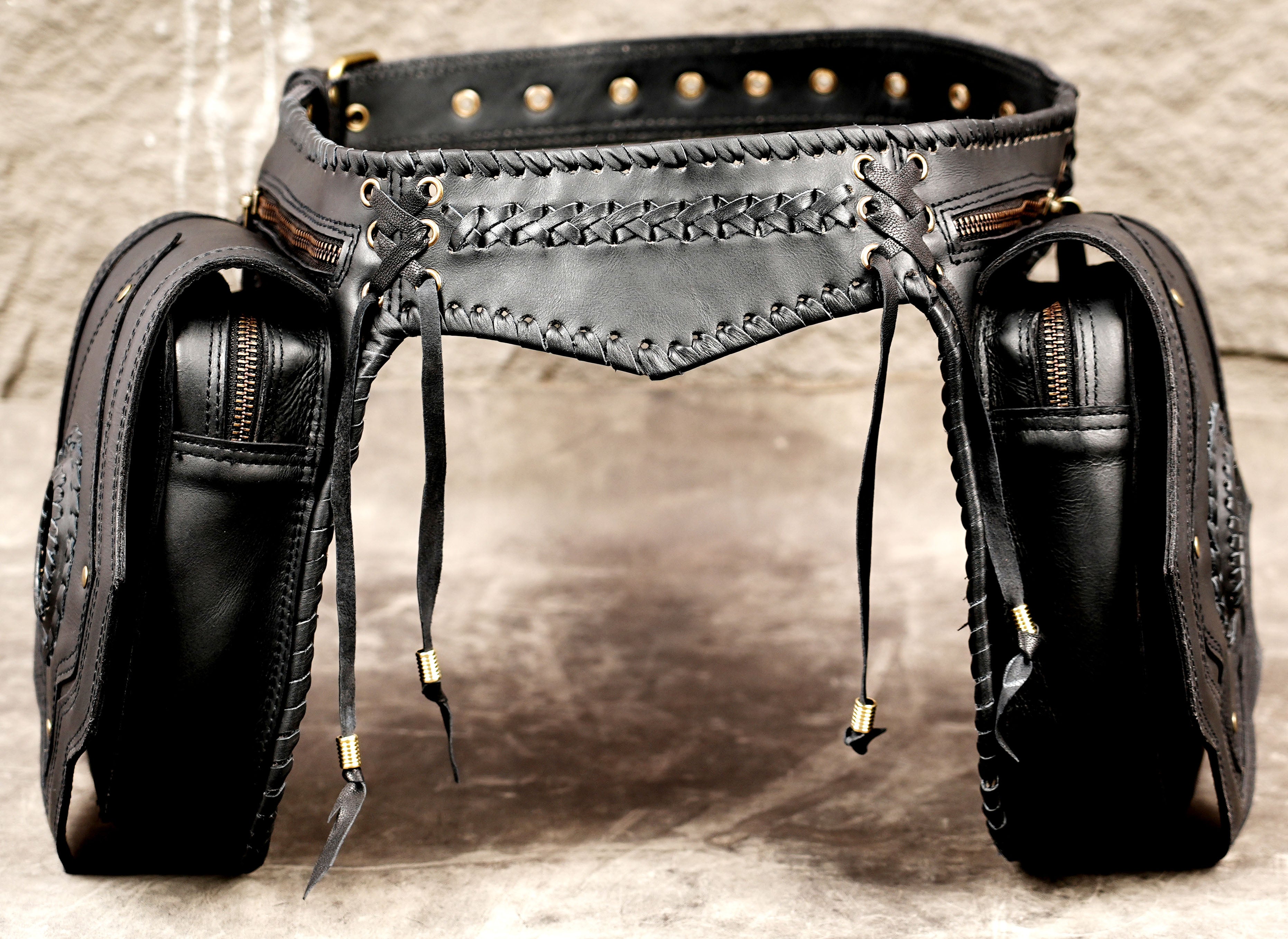 Handcrafted leather belt bag with natural stone