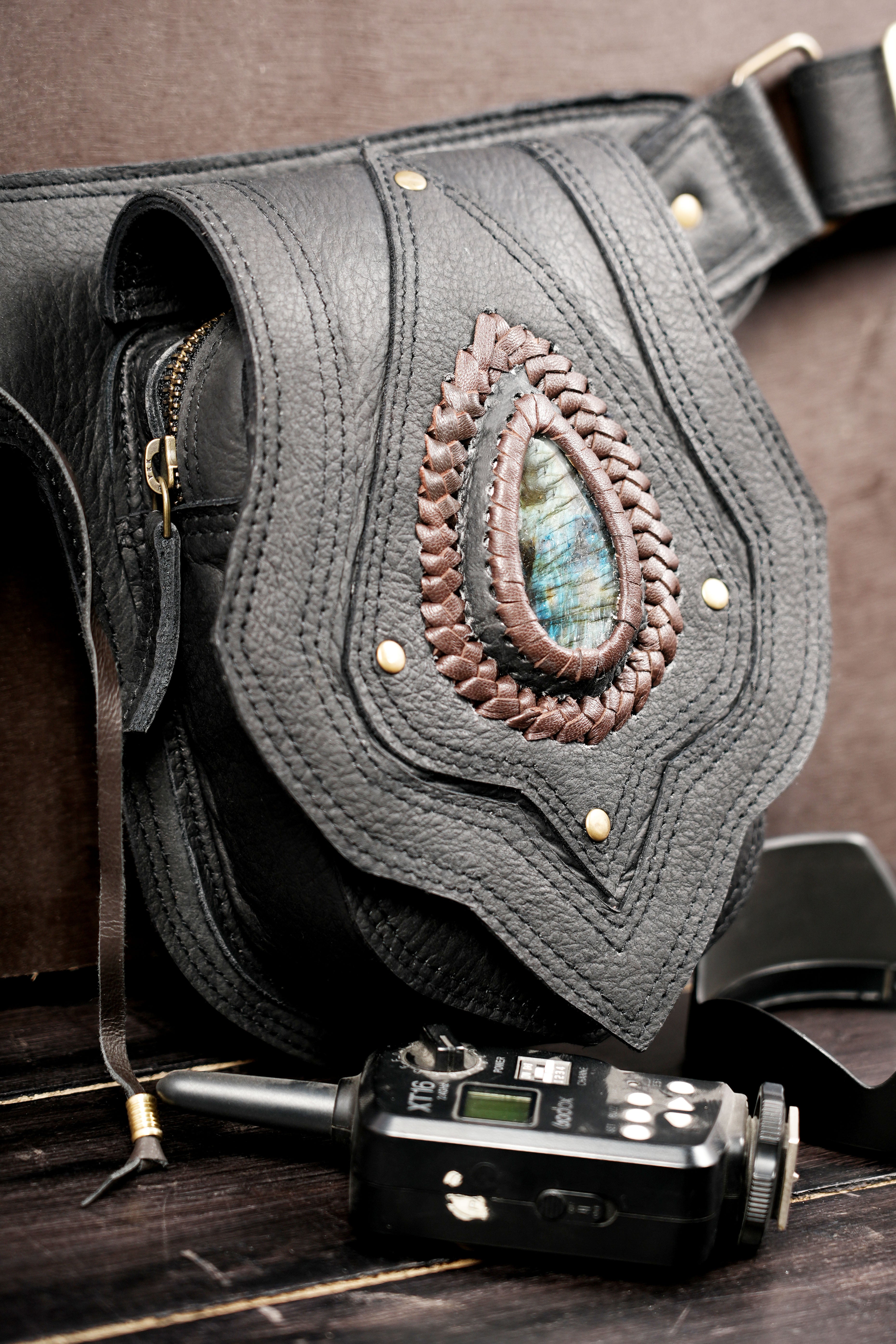 Handmade Black Leather Belt Bag for Travel