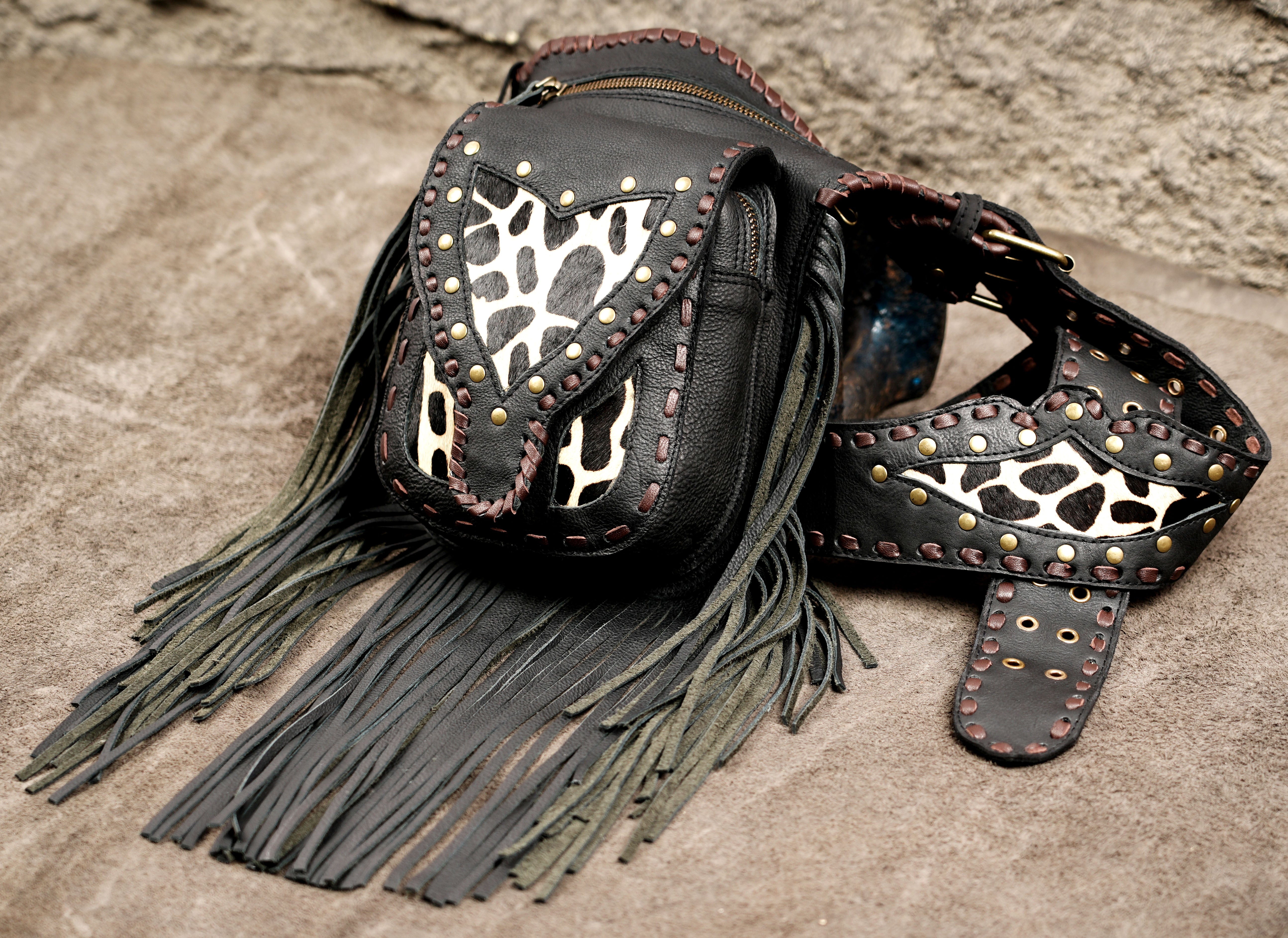 Black Leather Fringe Waist Belt Bag with Cow Print Detail and Antique Brass Hardware