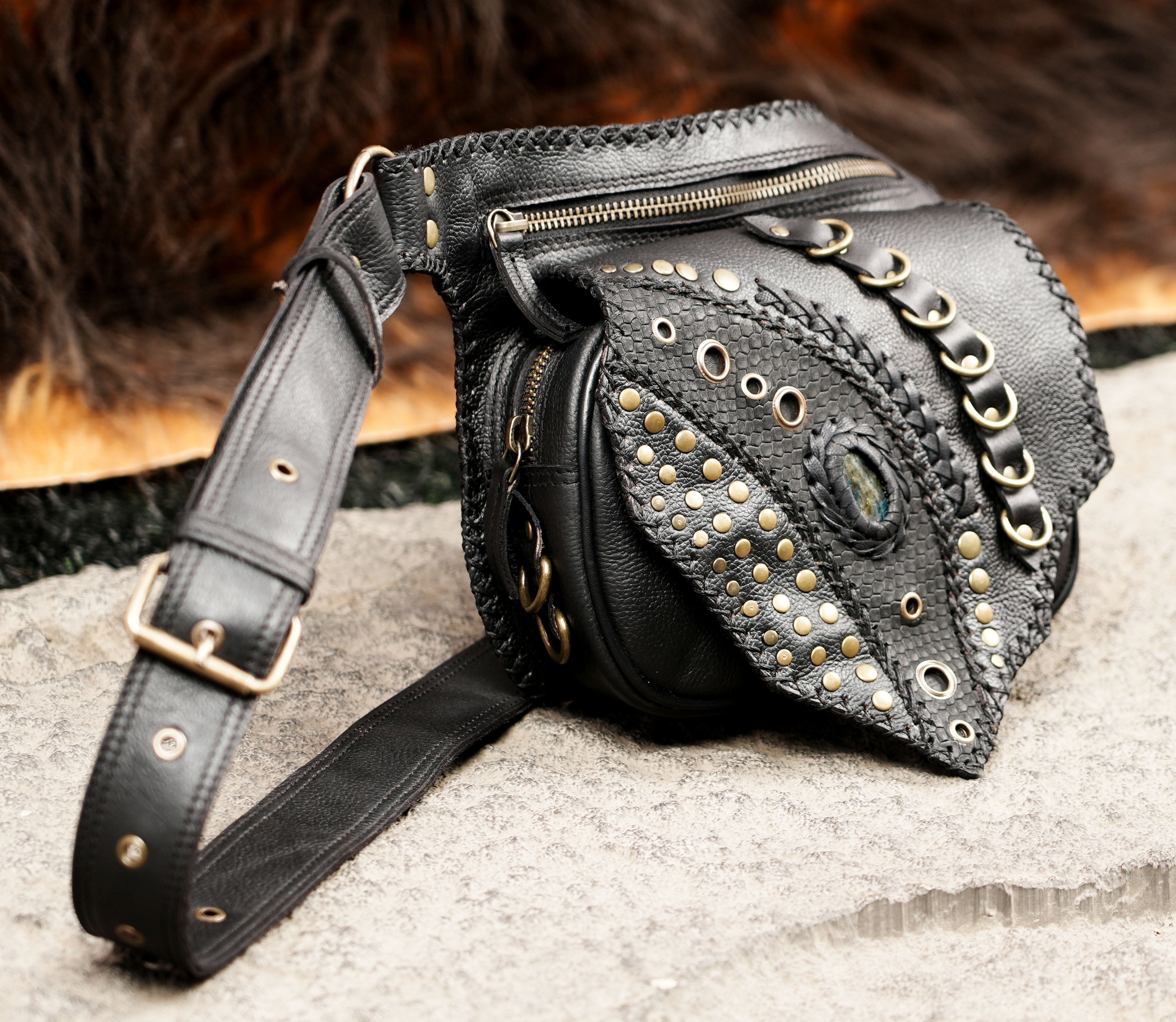 Handmade leather hip belt pouch with secure zipper compartment