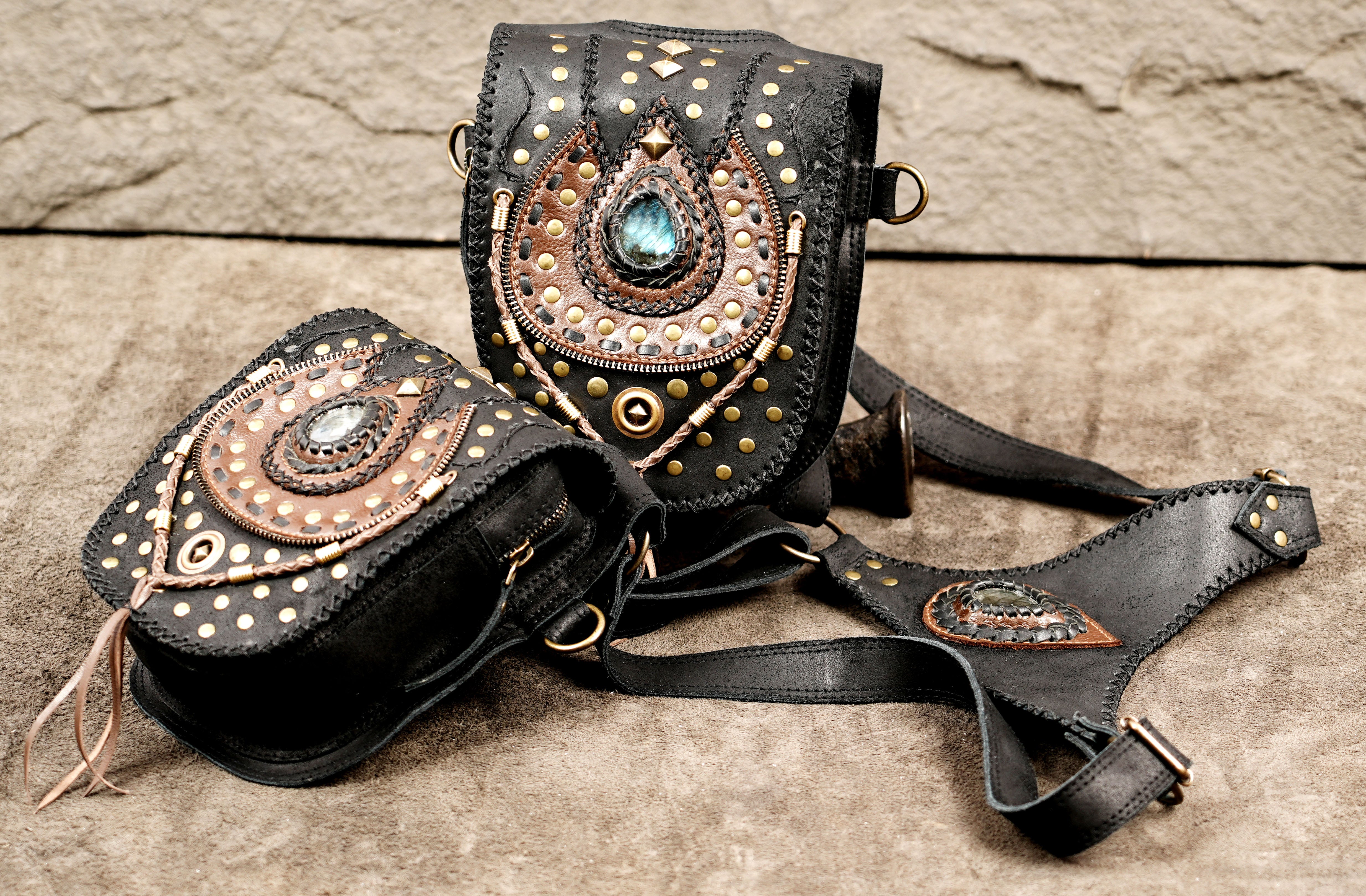 Black Leather Festival Shoulder Bag with Pouches