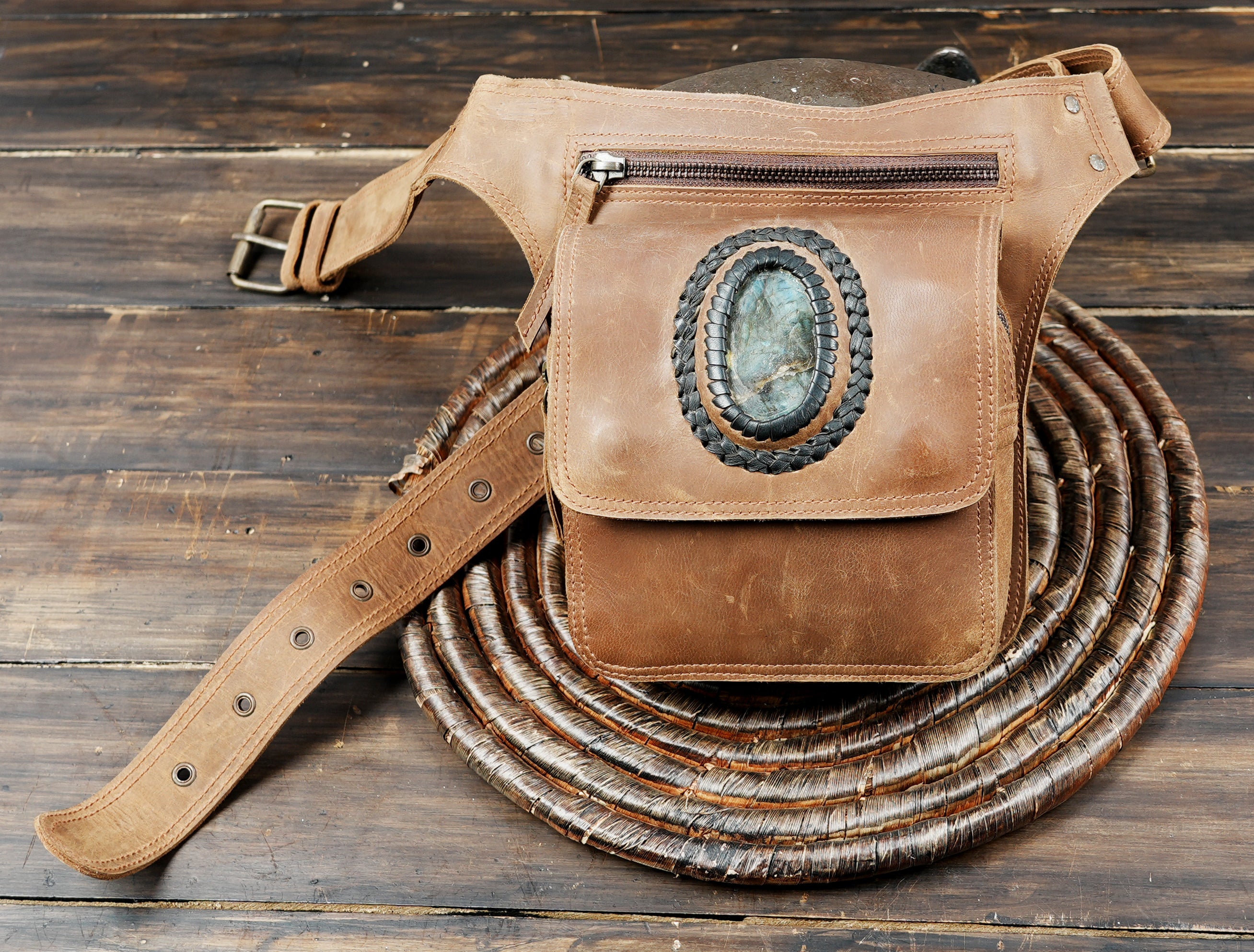 Handmade brown leather waist belt with gemstone