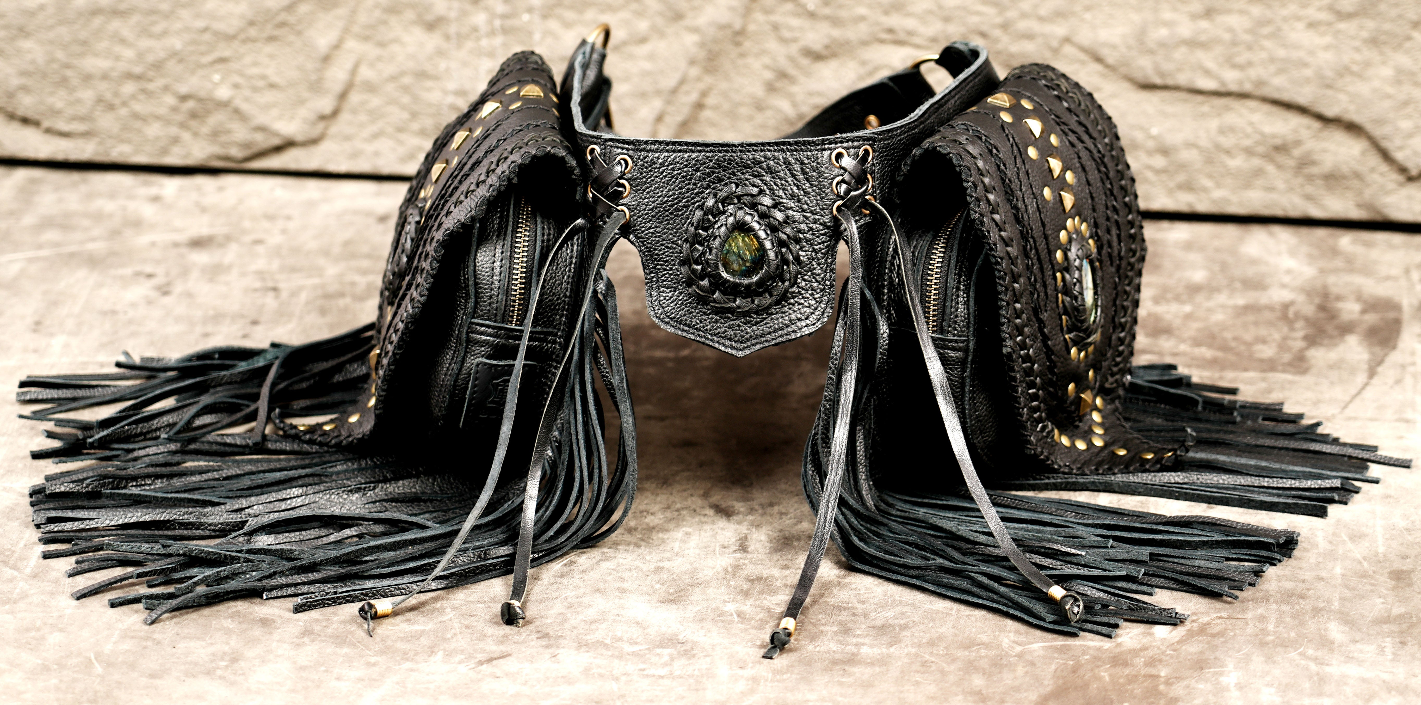Genuine leather boho hip belt with brass hardware