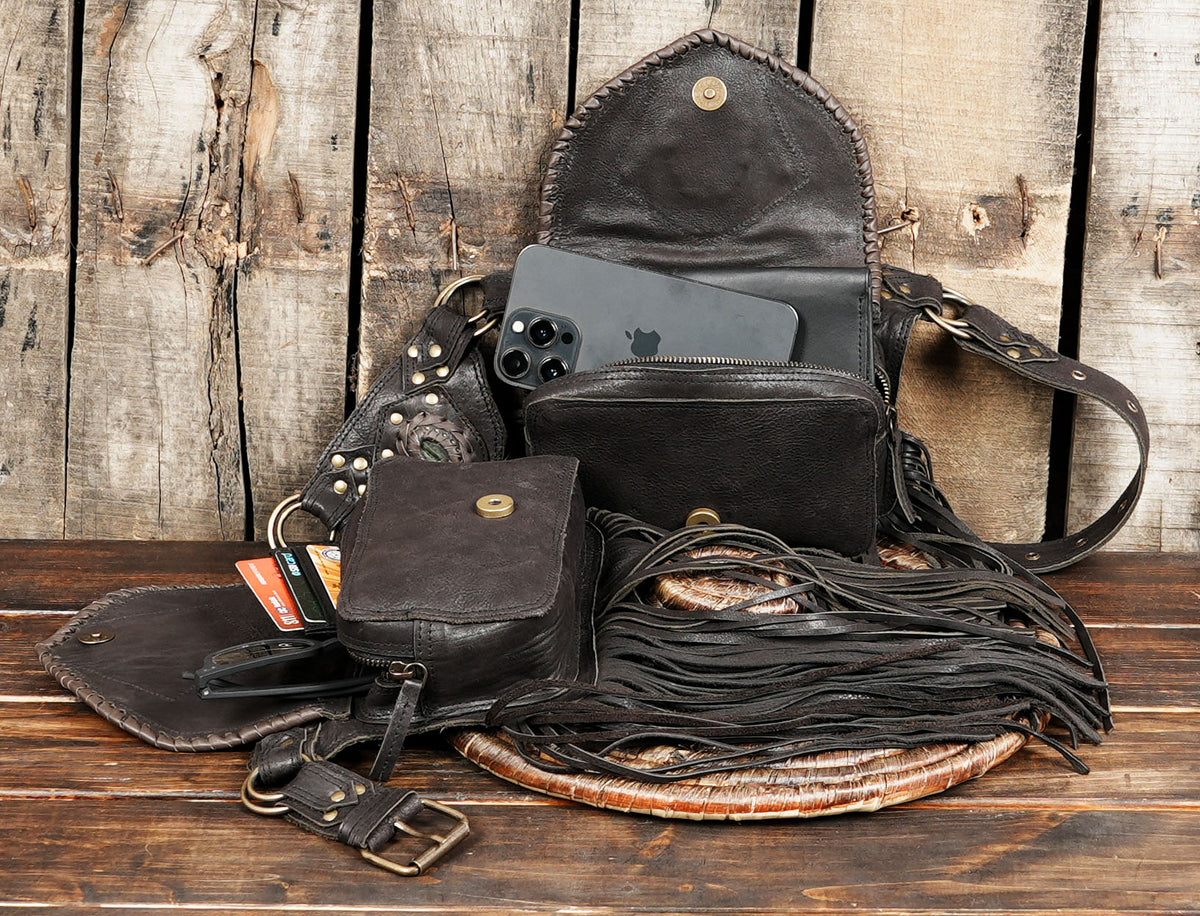 Handmade Leather Fringe Belt Bag, Black Western Waist Belt, Boho Hip Pouch, Stone Accent, Festival Wear