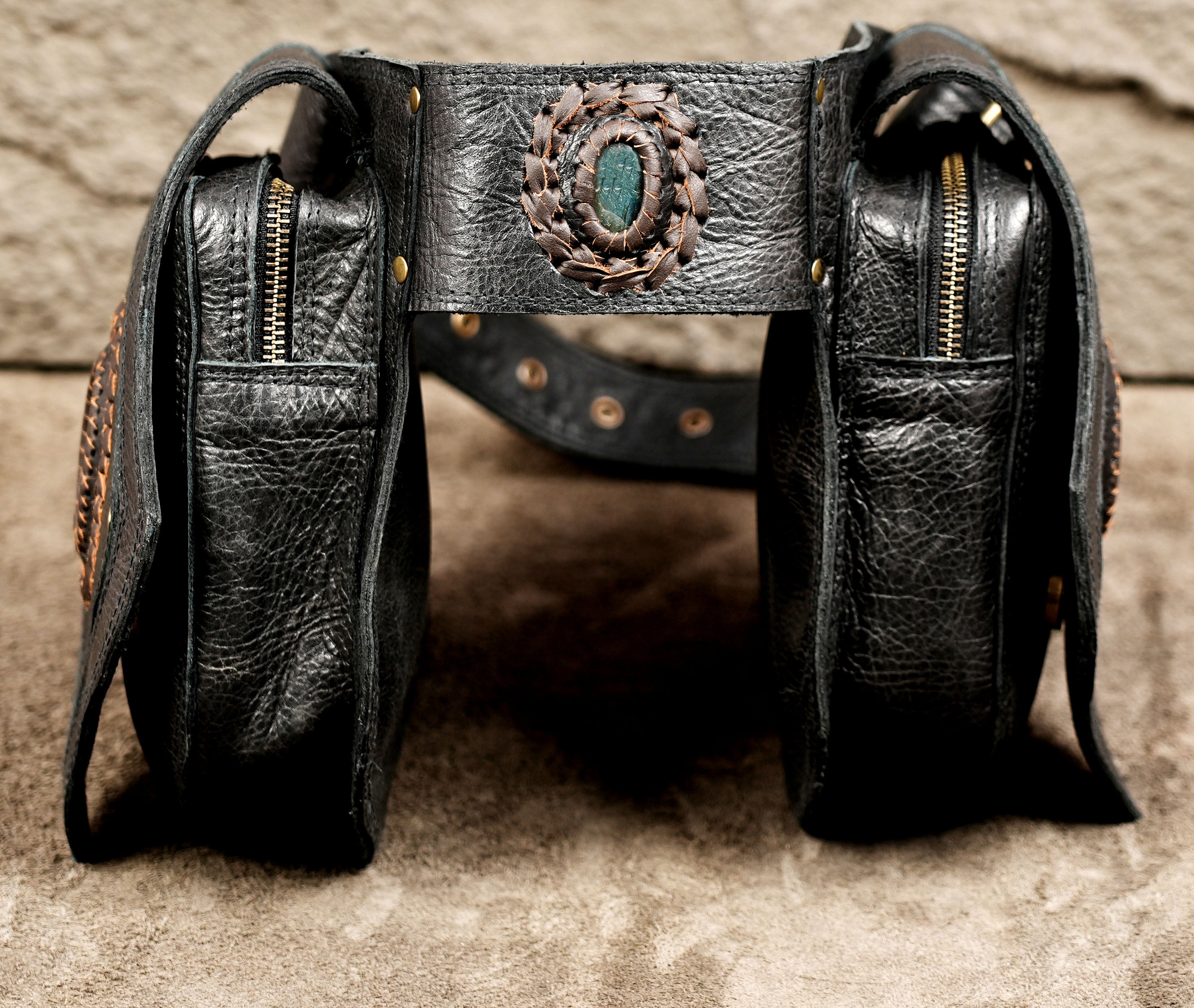 Boho leather hip belt with green gemstone accent