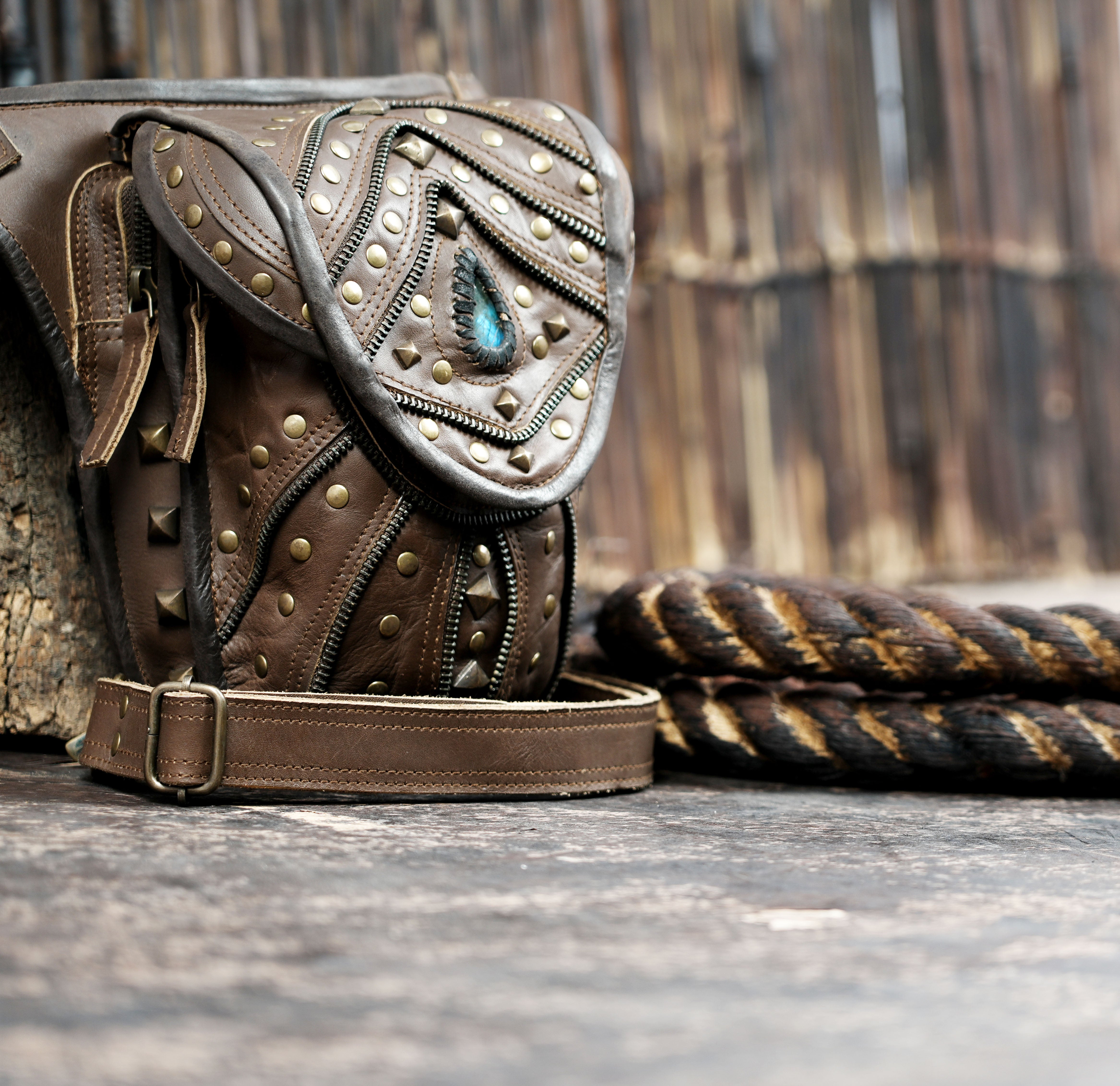 Brown leather utility waist thigh belt for festivals