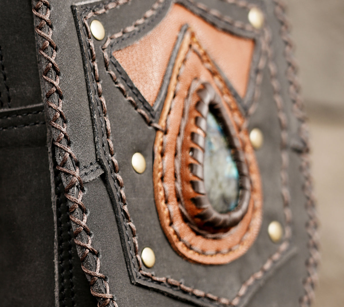 Unique handcrafted leather fanny pack with natural stone accent   