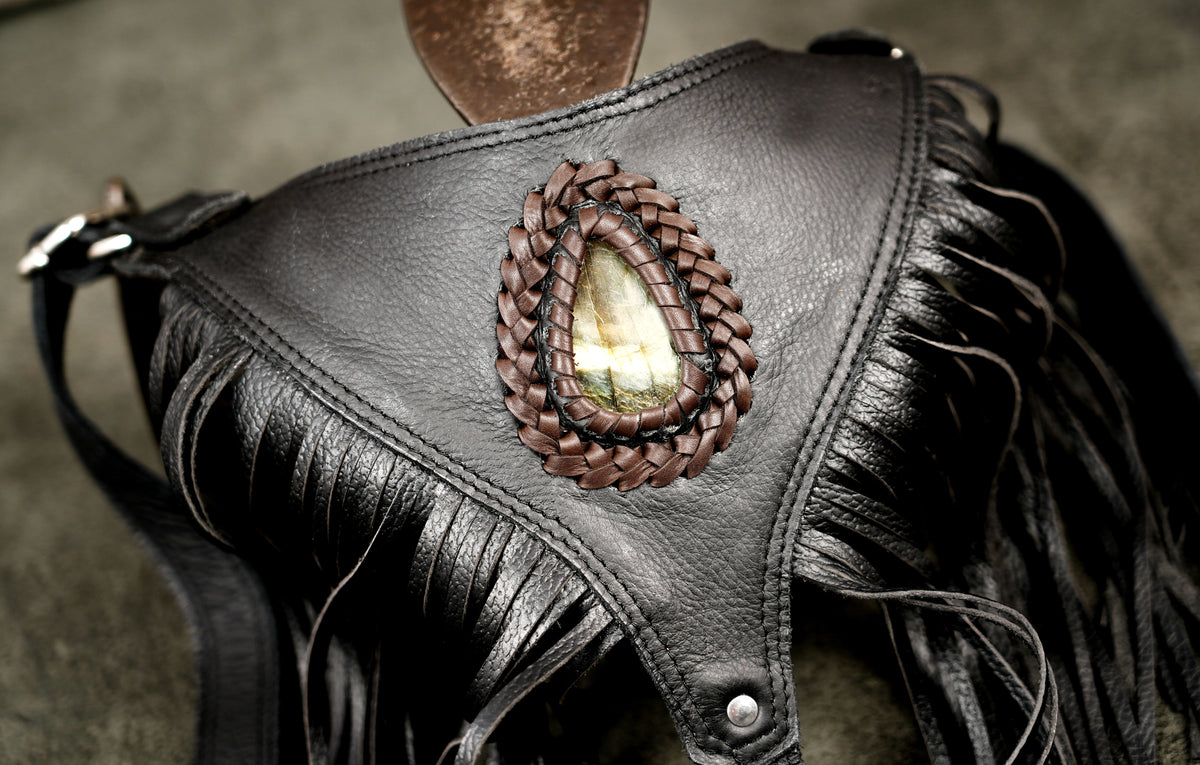 Western style fringe holster bag with labradorite stones and leather braiding