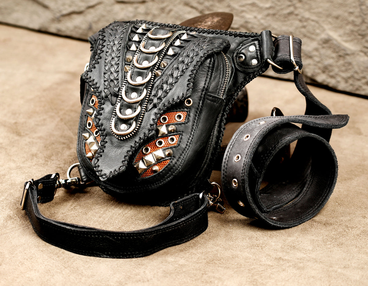 Unisex black leather leg bag with swivel clasp connectors