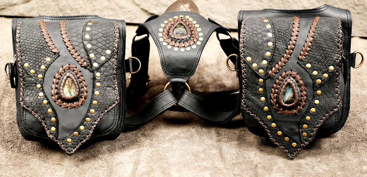 Boho black leather chest holster with adjustable shoulder straps