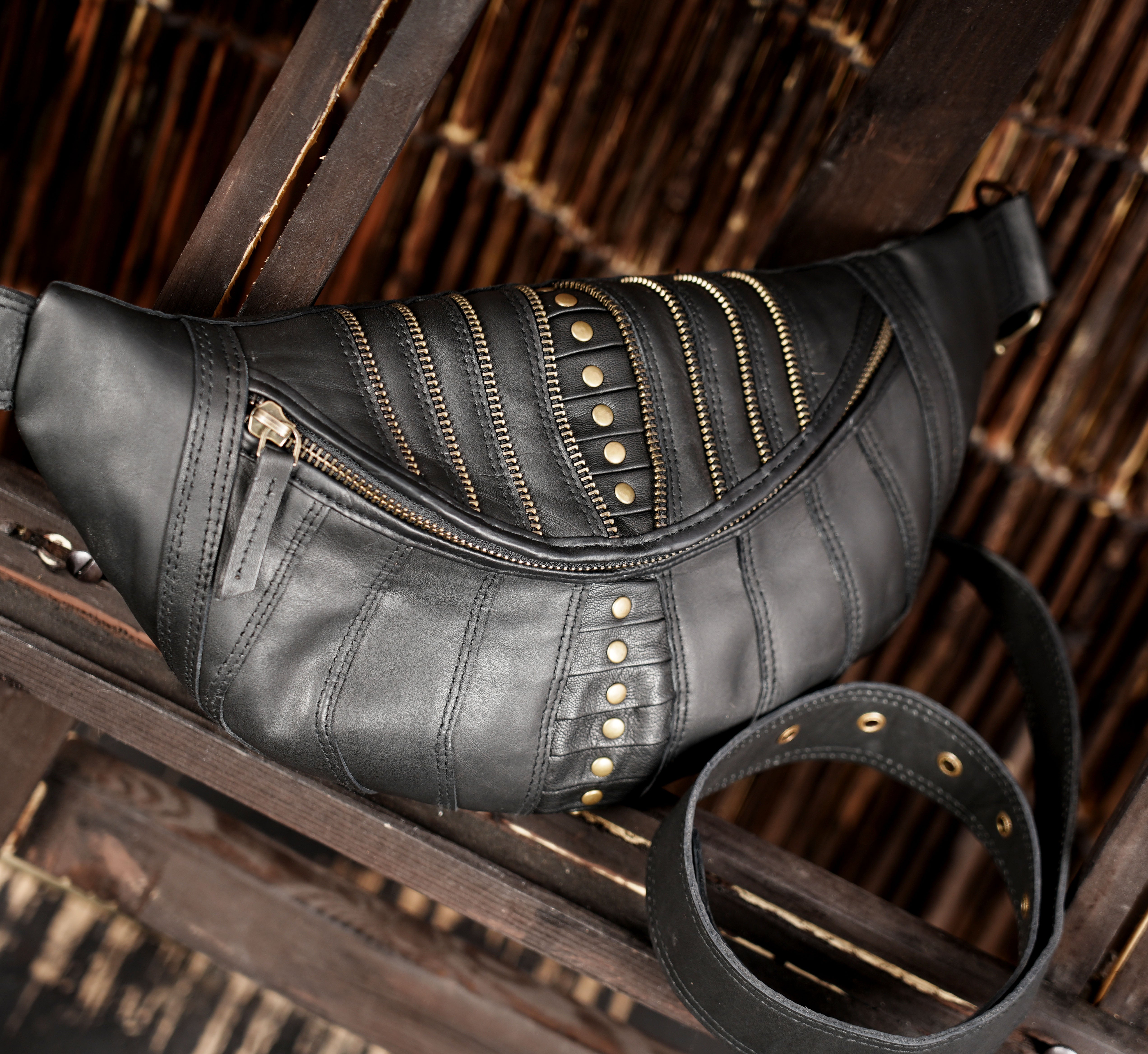 Handmade Black Leather Waist Shoulder Belt with Zipper Pouch || Leather Waist Shoulder Bag with Studded Detailing (LT/AB/SB/6011)