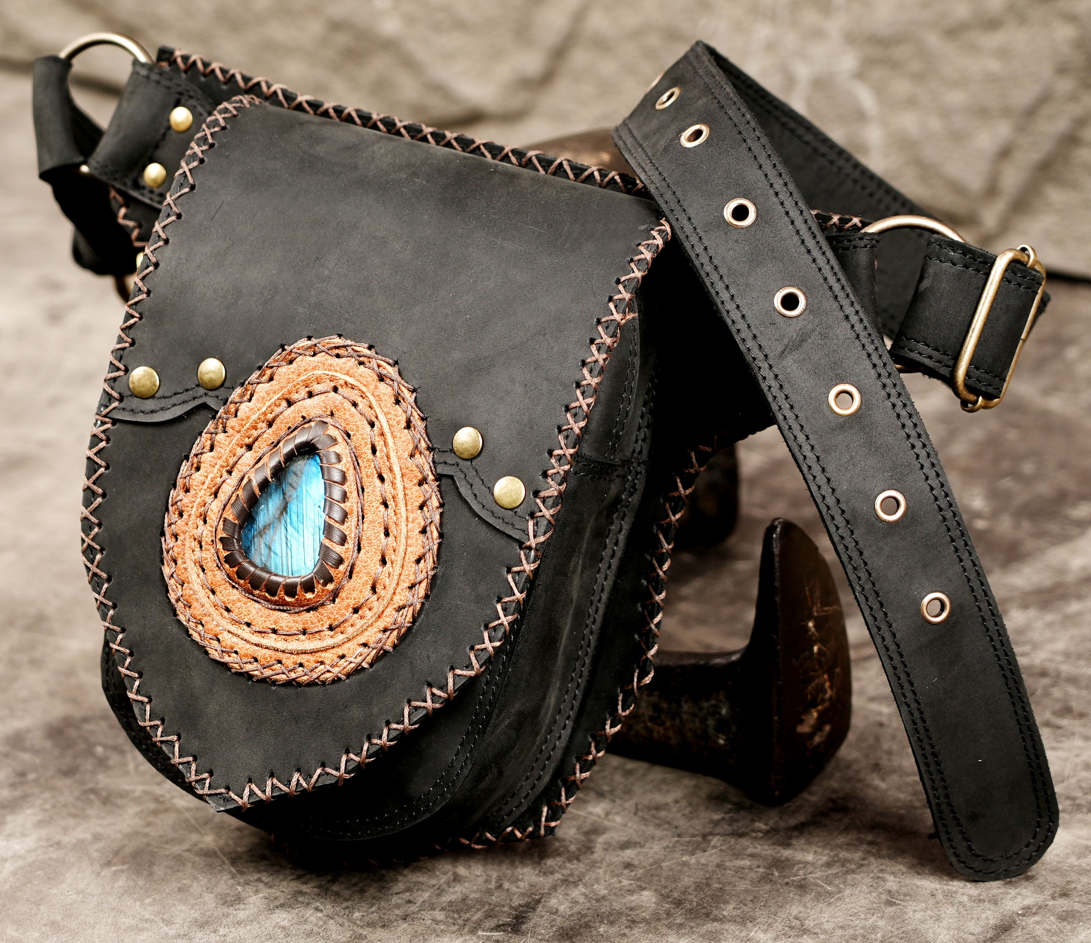 Genuine leather festival waist pouch with brass studs